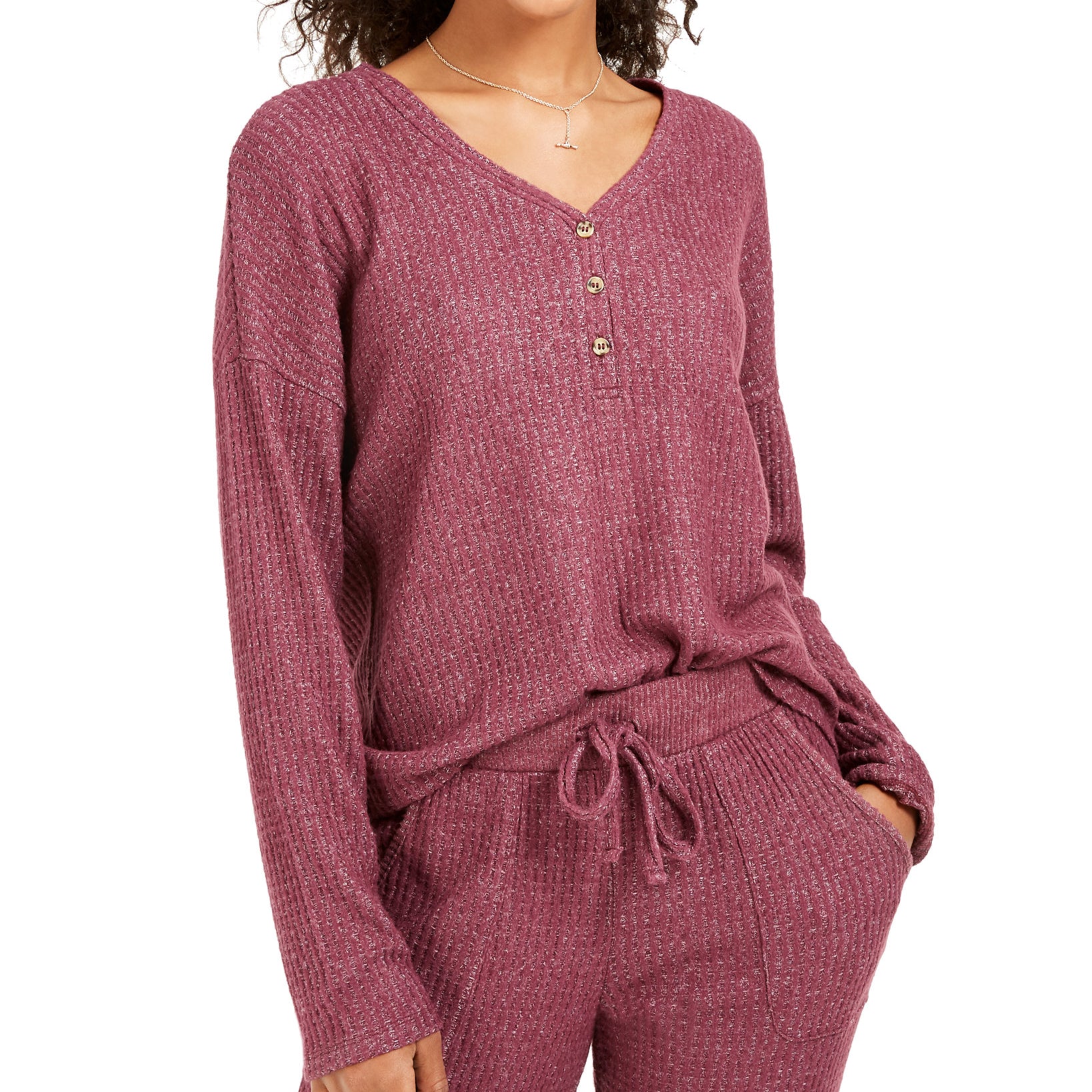 Hippie Rose Women Henley Waffle Knit Top Ethereal Plum