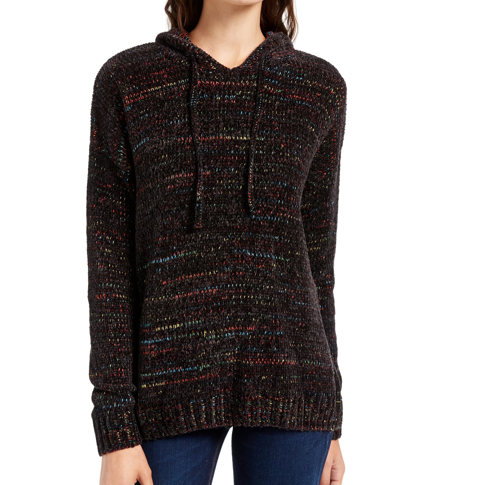 Hippie Rose Women Chenille Hoodie Black Rainbow