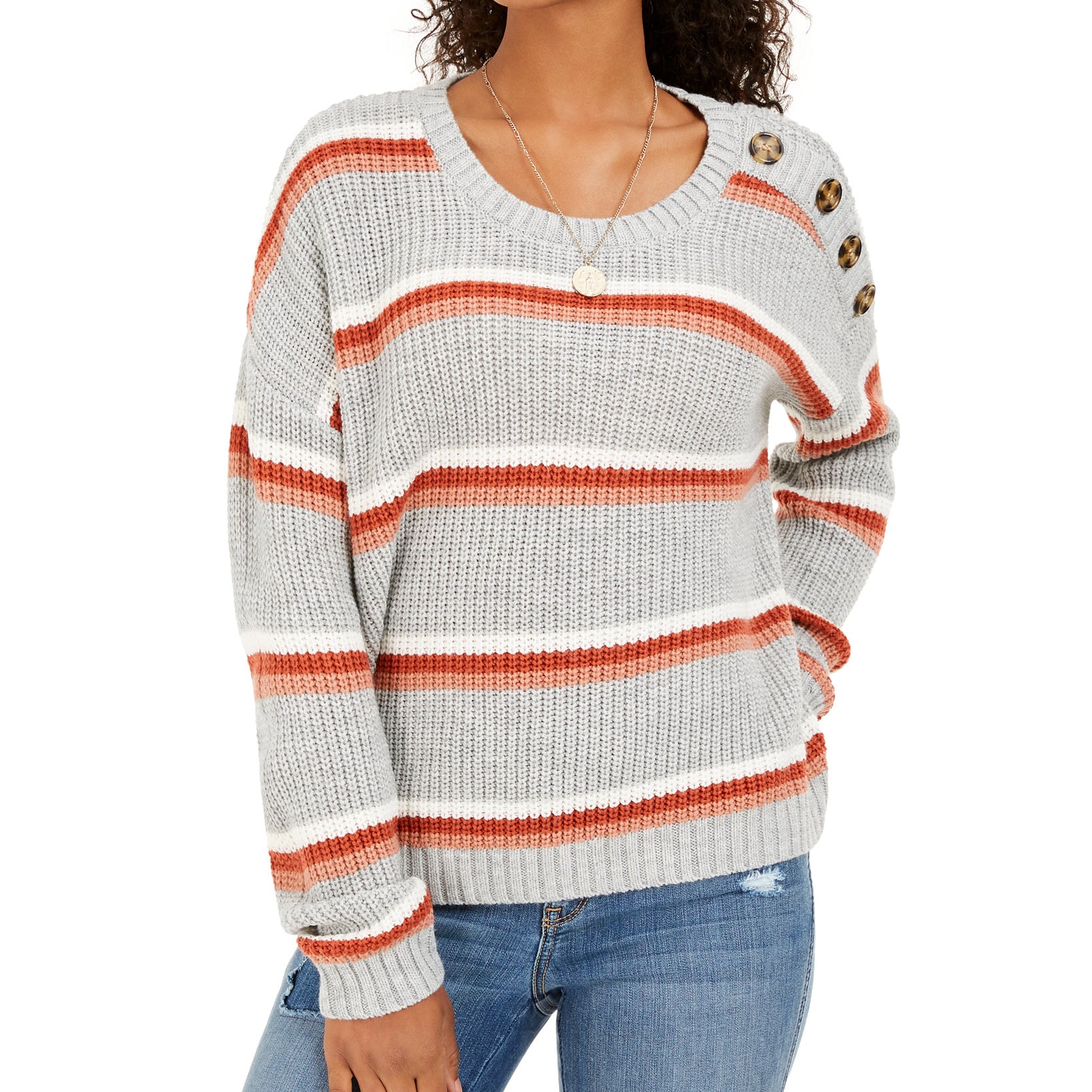 Hippie Rose Women Button Shoulder Sweater Grey Apricot Stripe