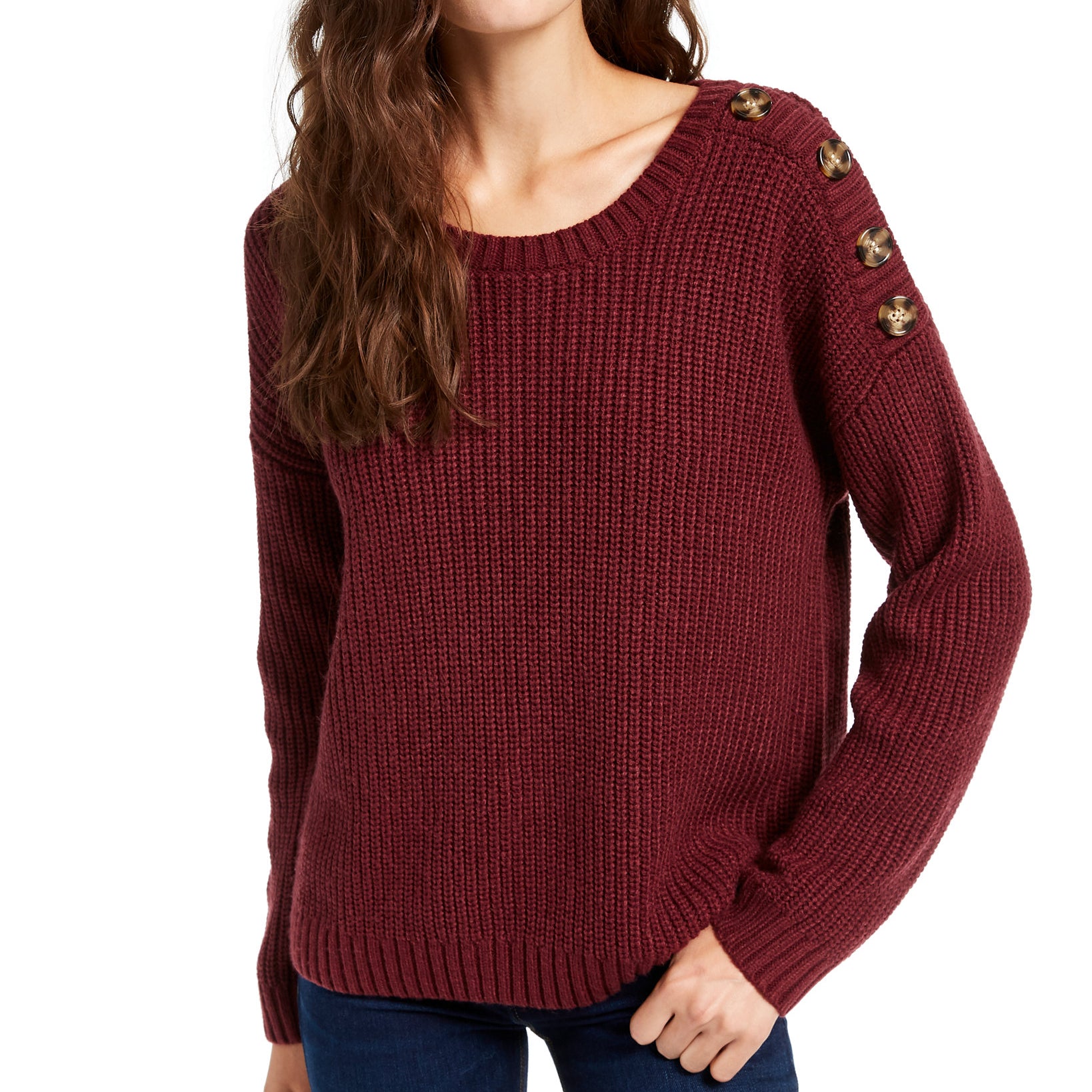 Hippie Rose Women Button Shoulder Sweater Zifandel