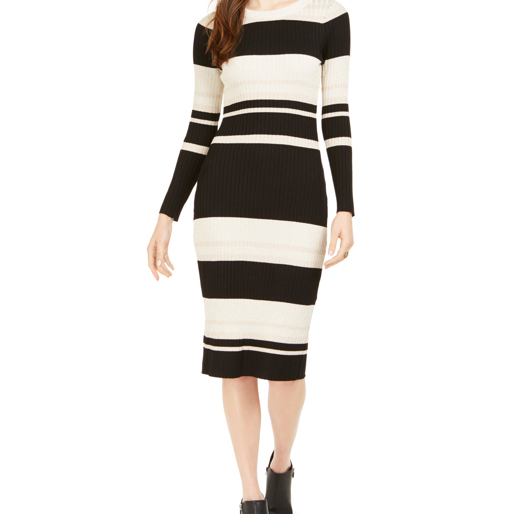 Taylor Women Striped Midi Sweater Dress Black Ivory Blush