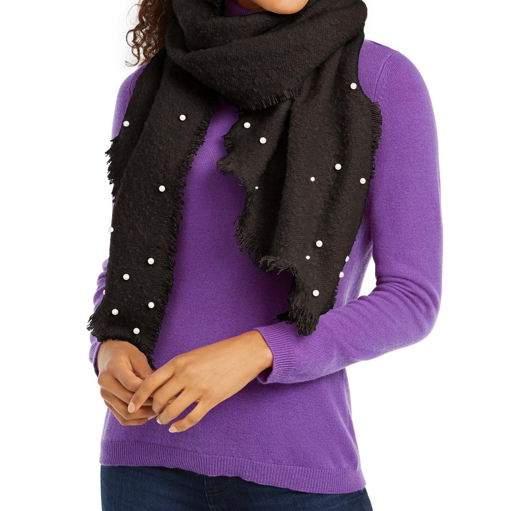 INC International Concepts Women Faux Pearl Embellished Bouclé Bias Wrap Black