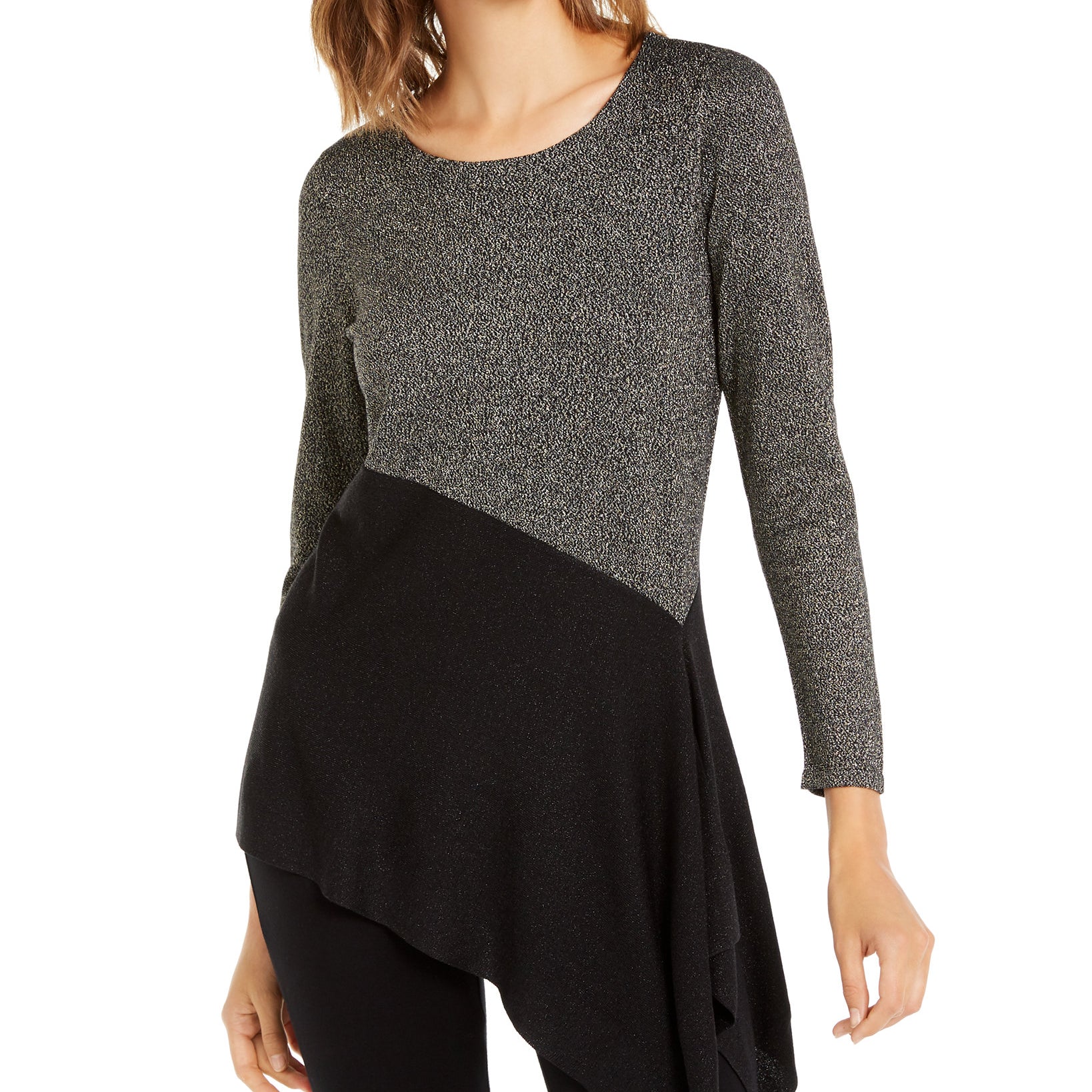 Alfani Women Petite Colorblocked Asymmetrical Sweater Deep Black