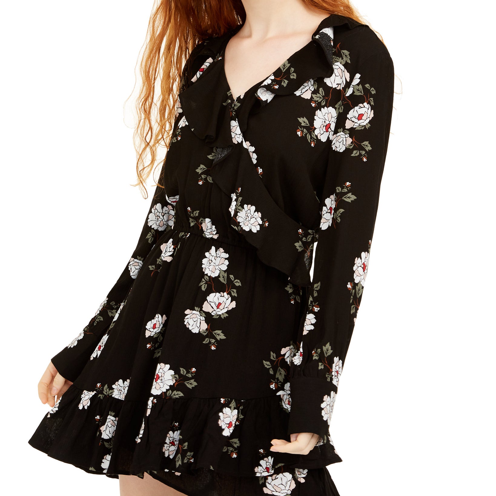 American Rag Floral Faux Wrap Dress Pretty Bouquet Black