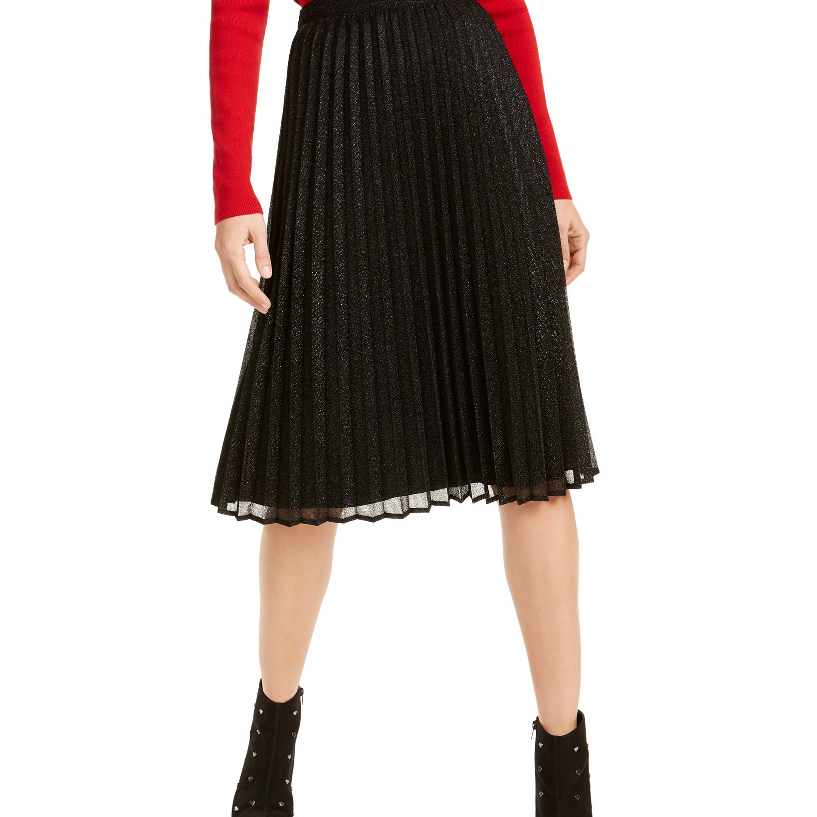 Maison Jules Women Pleated Metallic Midi Skirt Deep Black