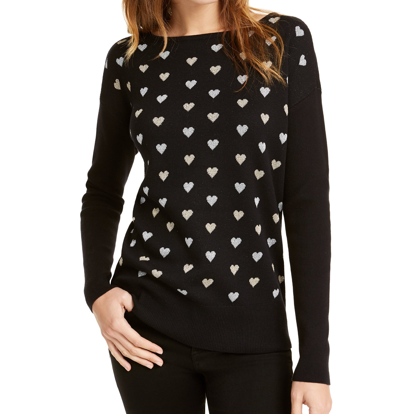 Maison Jules Women Heart Print Sweater Deep Black