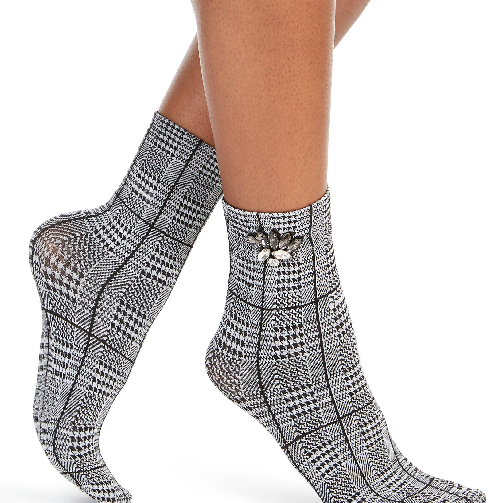INC International Concepts Women Embellished Glen Plaid Anklet Socks Grey