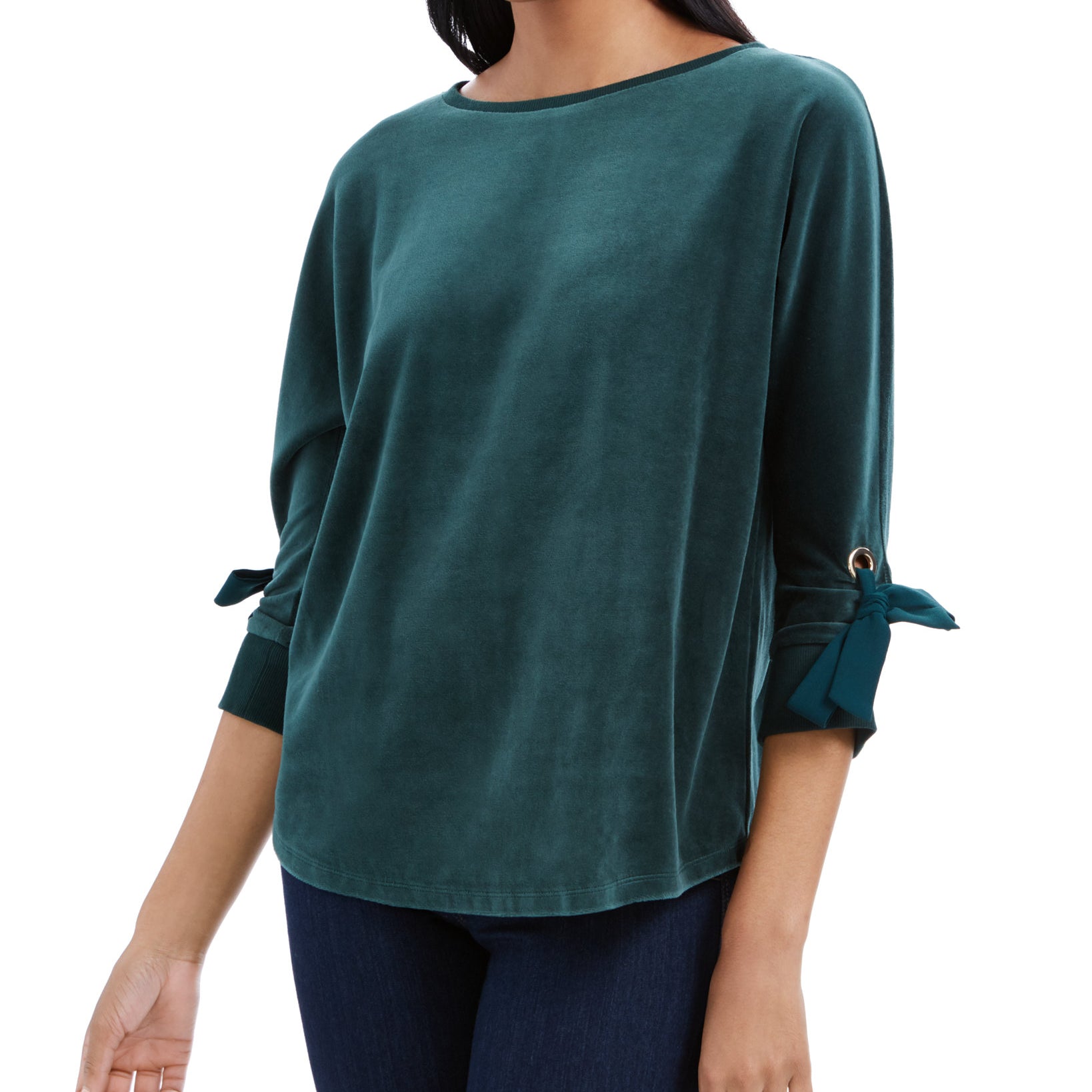 Charter Club Women Velvet Tie Sleeve Top Dark Modern Teal
