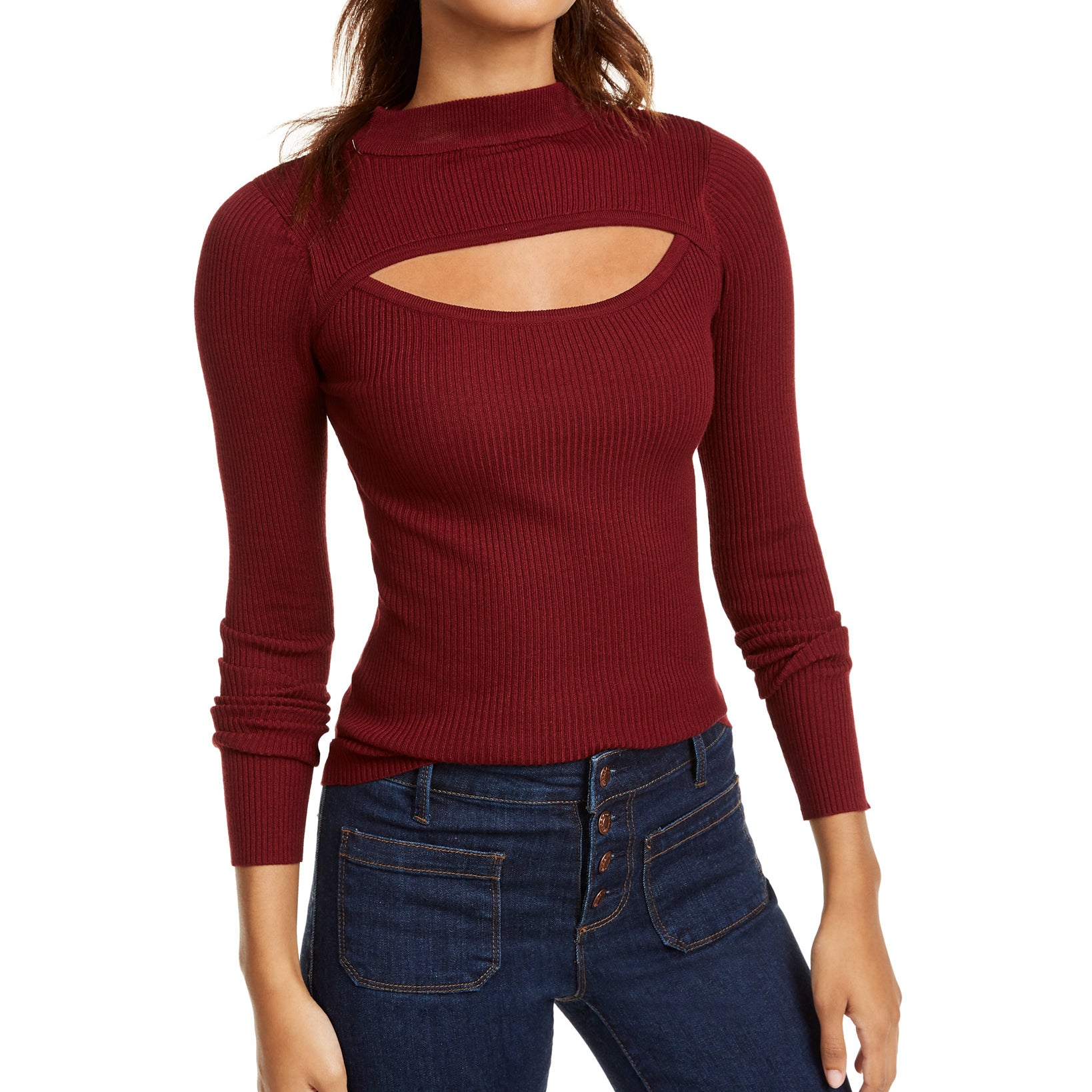 Planet Gold Women Cutout Mock Neck Sweater Wine Tasting