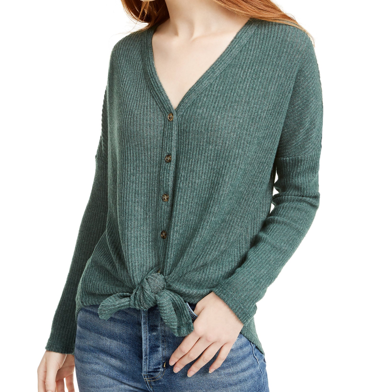 Ultra Flirt Women Cozy Ribbed Tie Front Top Botanical Garden