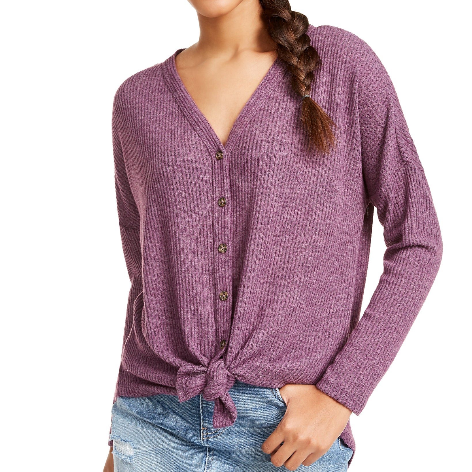 Ultra Flirt Women Cozy Ribbed Tie Front Top Plum Purple