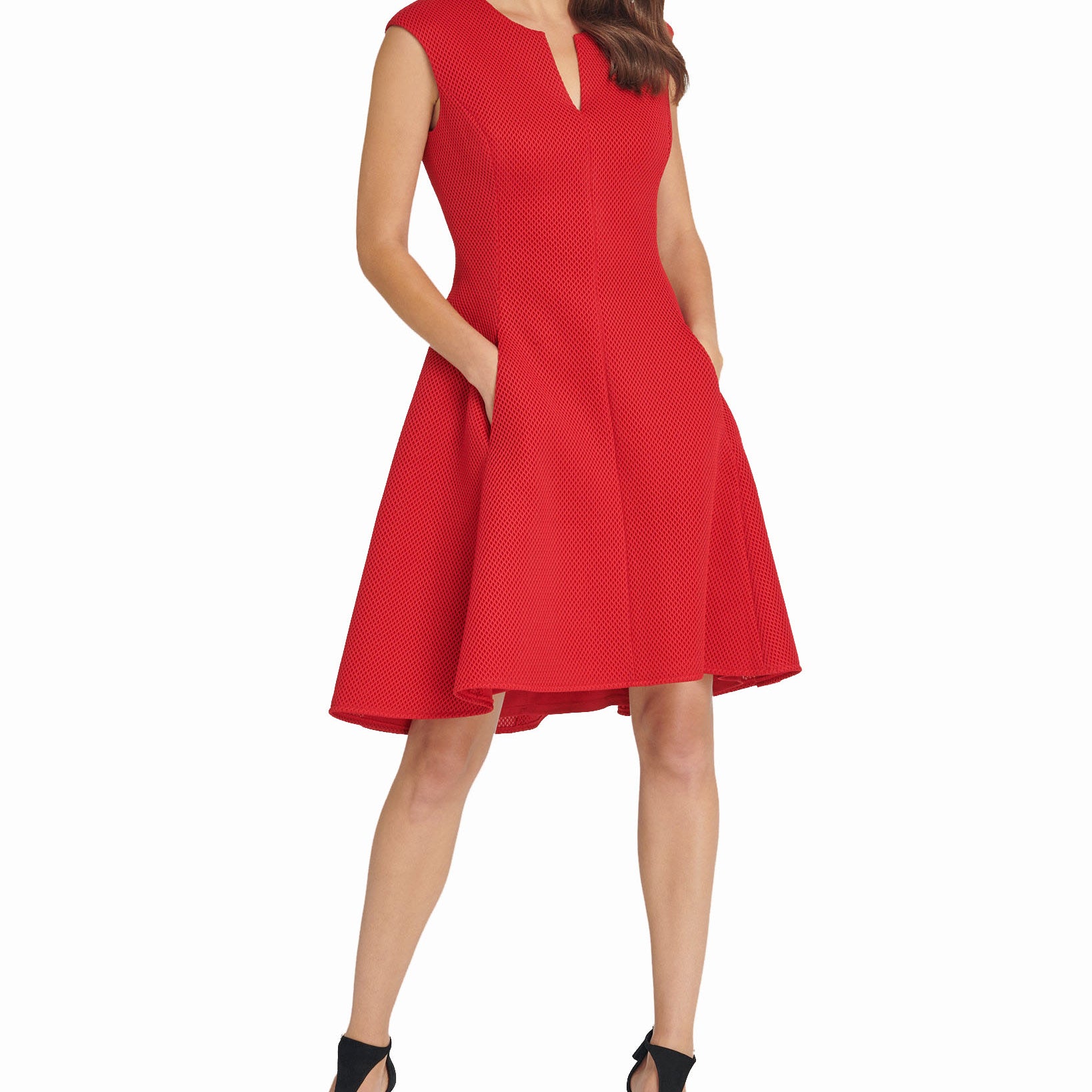 DKNY Women Notch Neck Fit & Flare Mesh Dress Scarlet