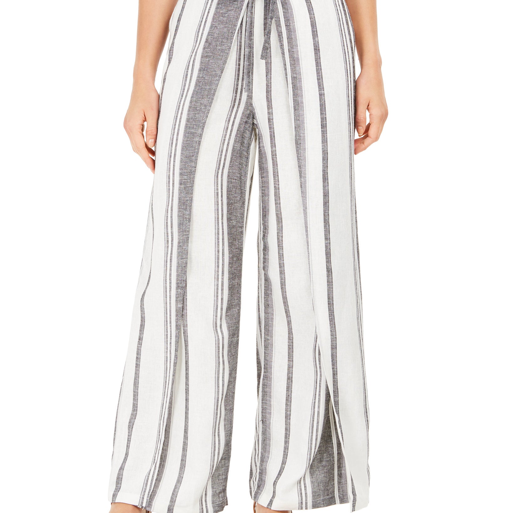 Style & Co Women Striped Tie Waist Wide Leg Pants Black White