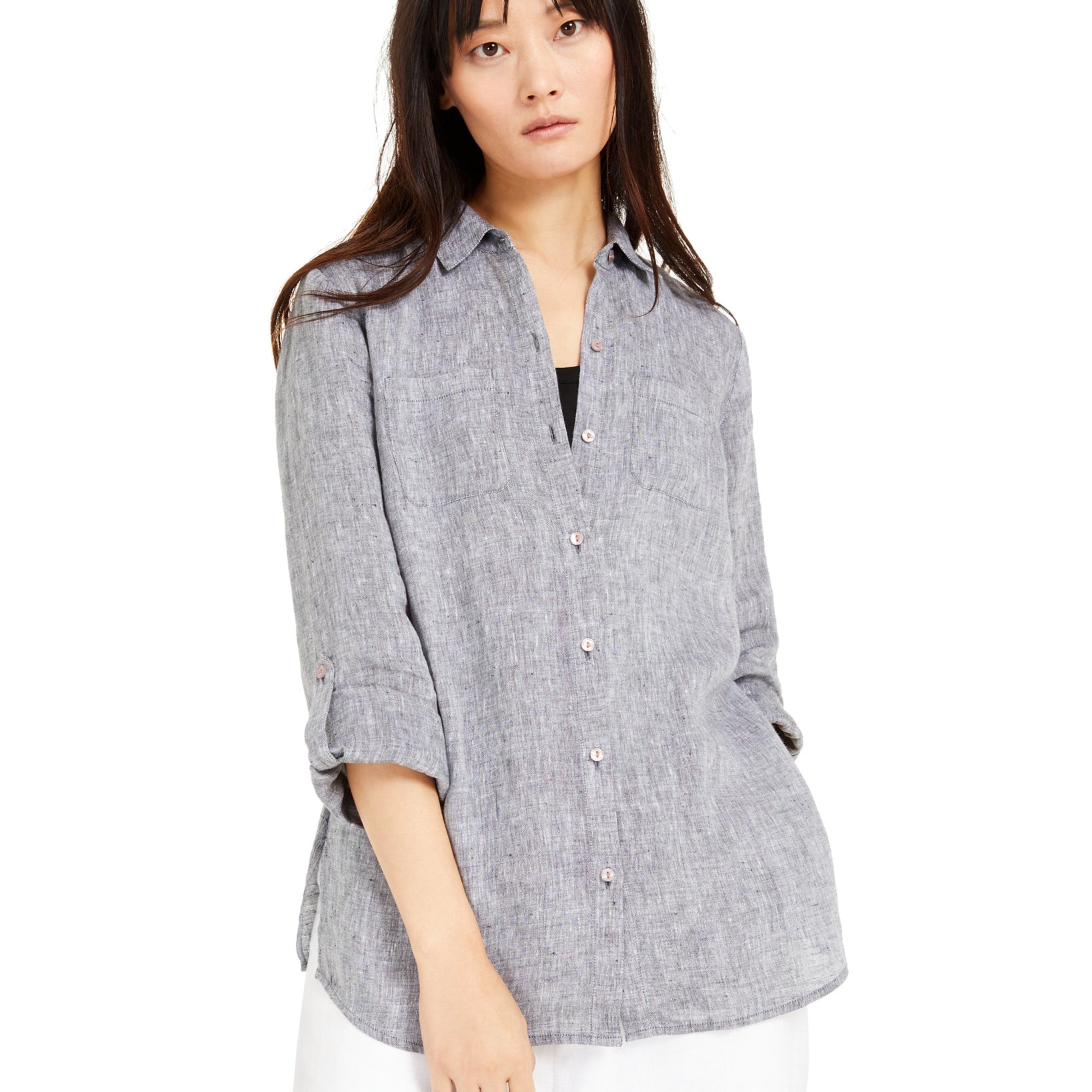 Charter-Club-Women-Petite-Linen-Button-Front-Shirt-Black-Slate