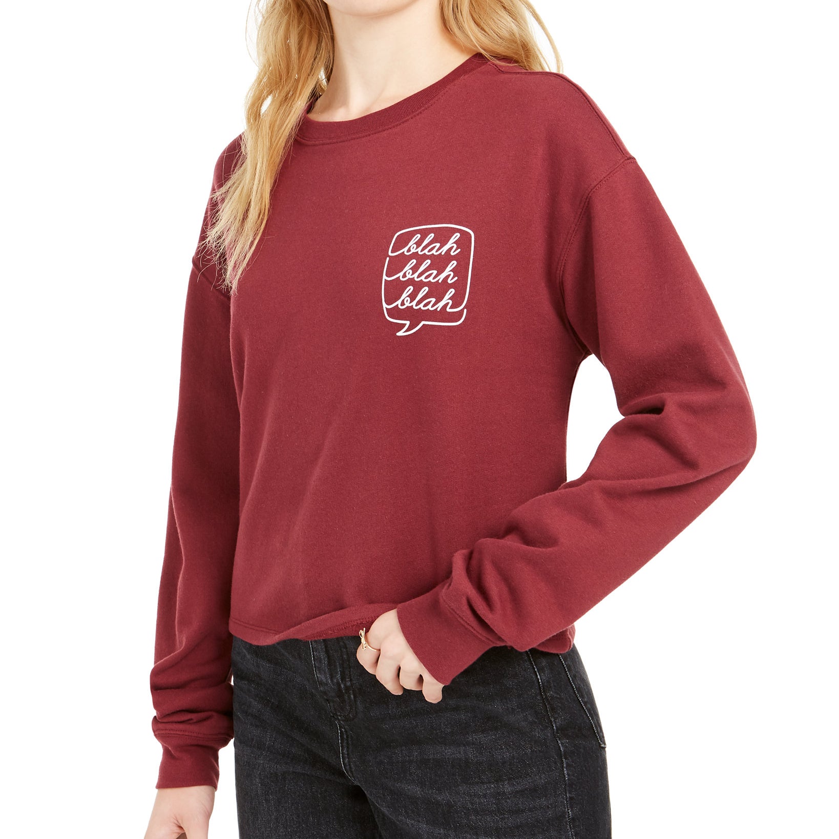 Love Tribe Women Blah Blah Cropped Graphic Sweatshirt Wine