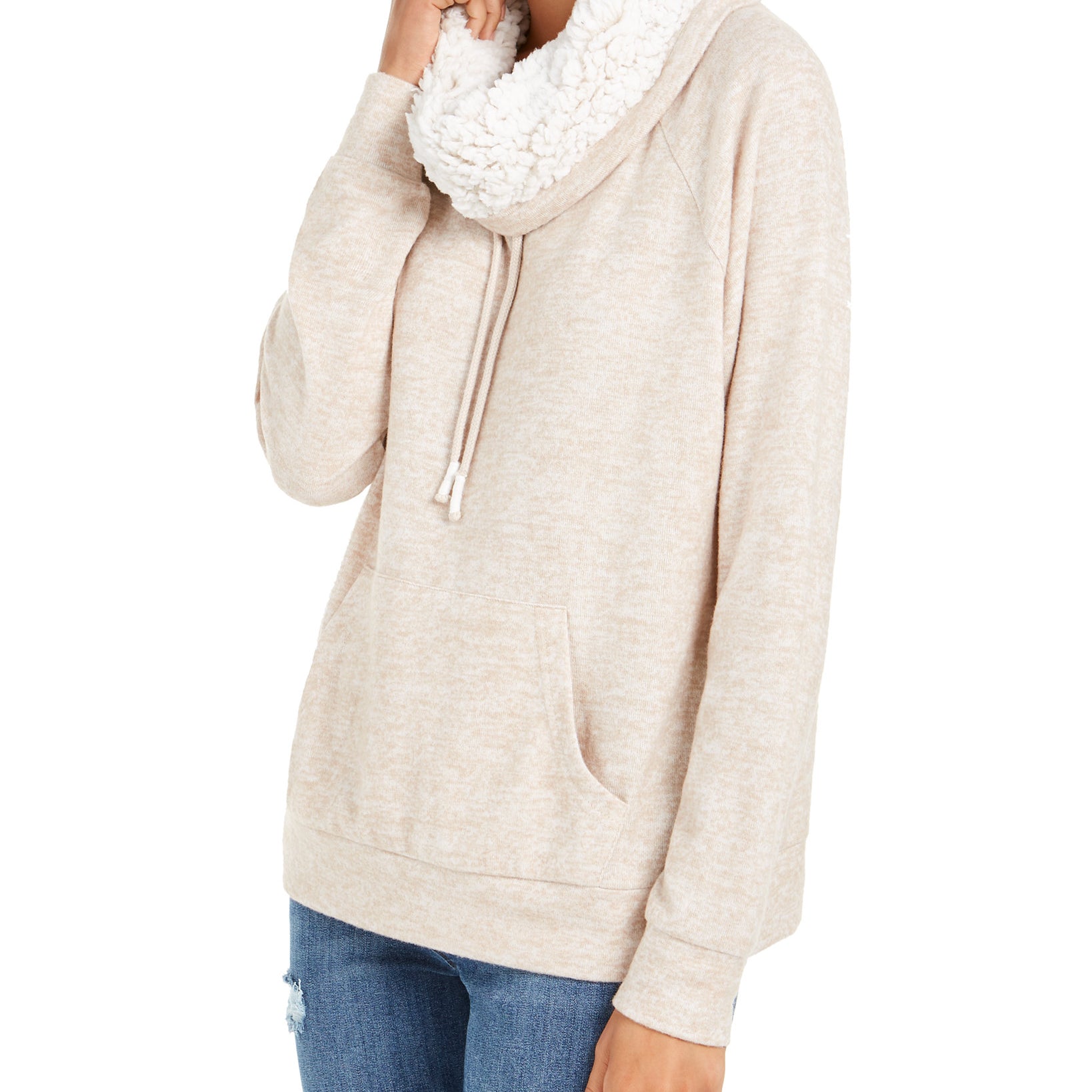Ultra Flirt Women Sherpa Lined Funnel Neck Sweatshirt Oatmeal
