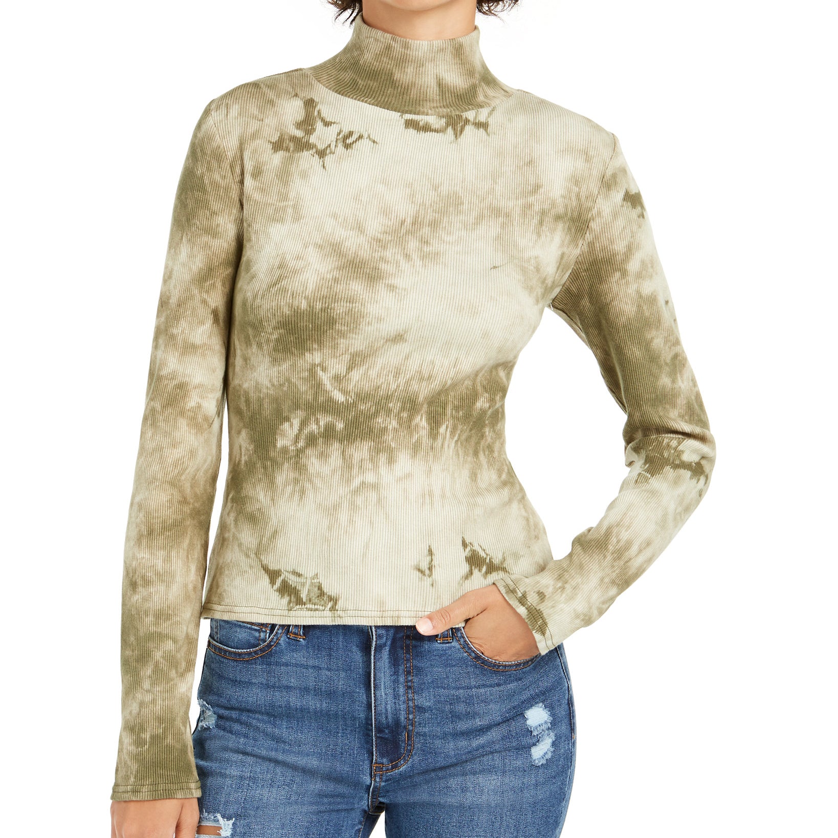 Planet Gold Women Tie Dye Mock Neck Top Hedge Green