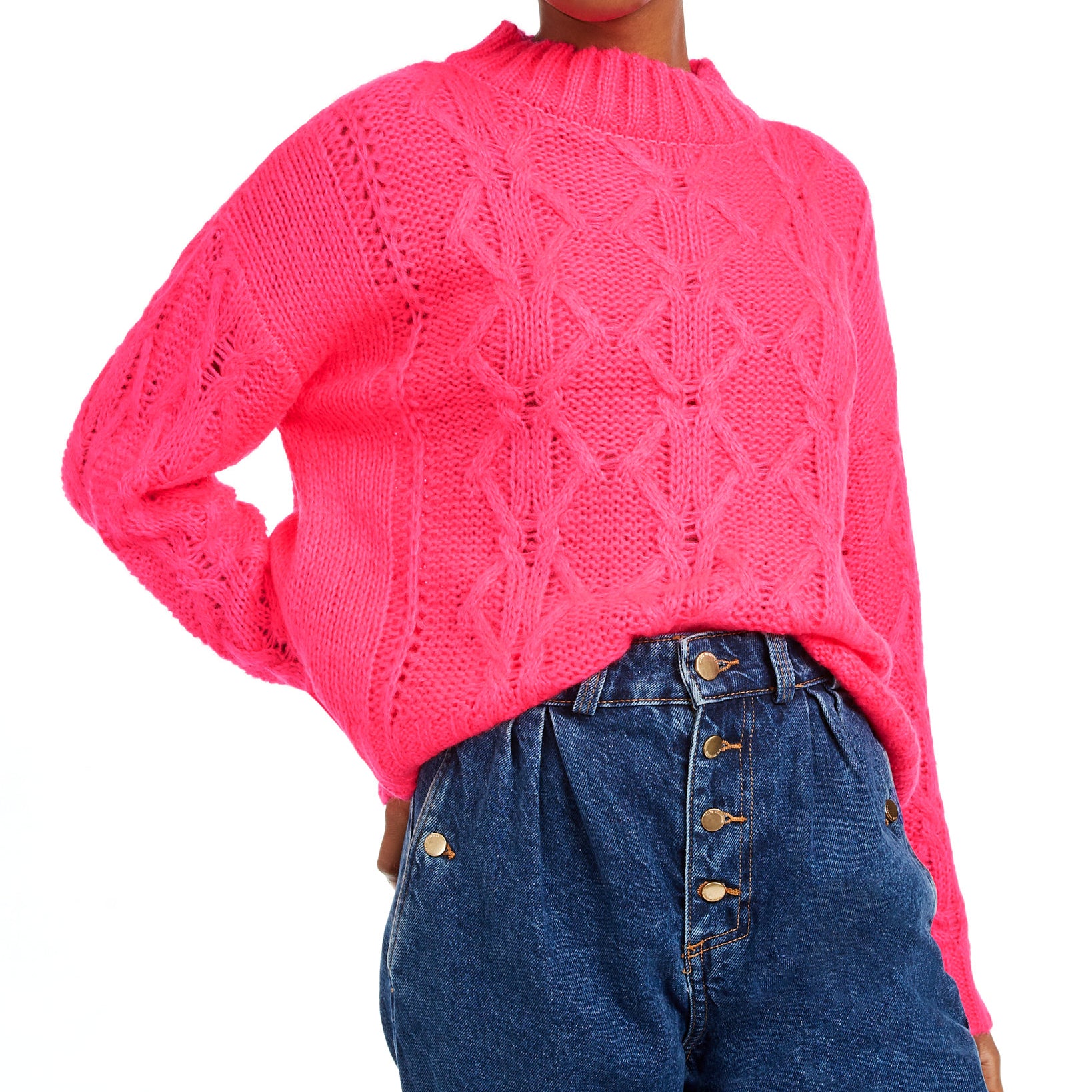 Hooked Up by IOT Women Cable Knit Sweater Retro Hot Pink