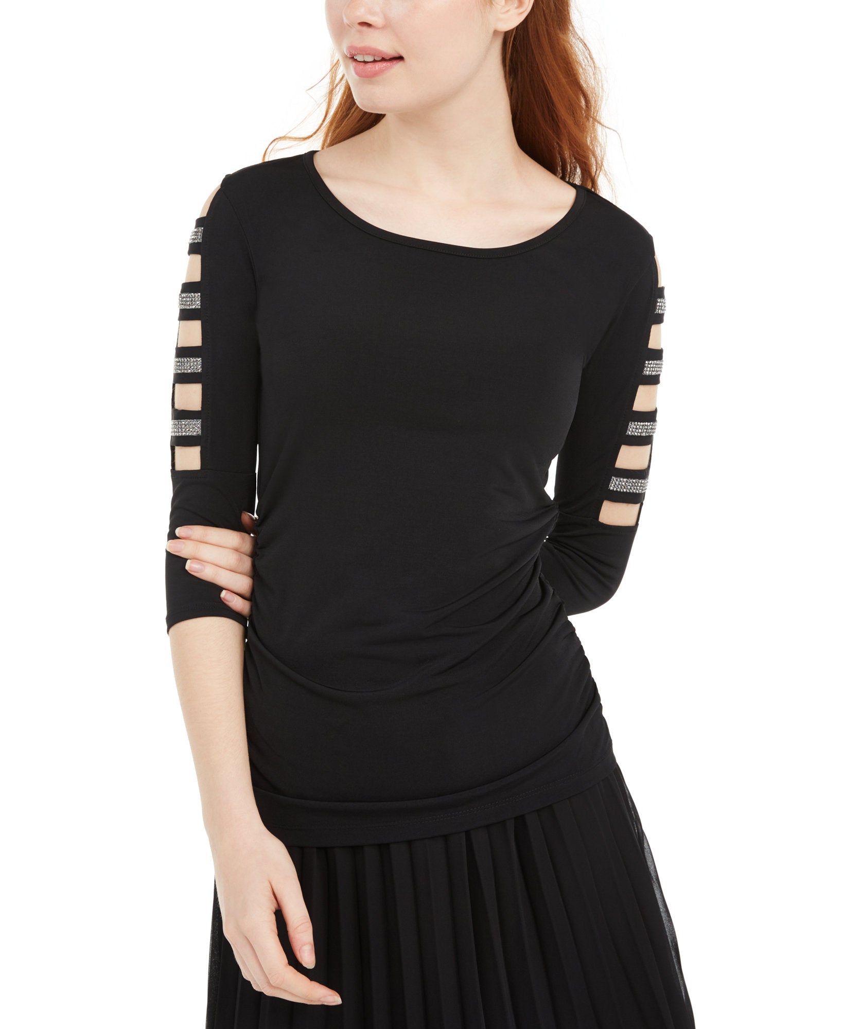 BCX Juniors Rhinestone Embellished Ladder Trim Top Black