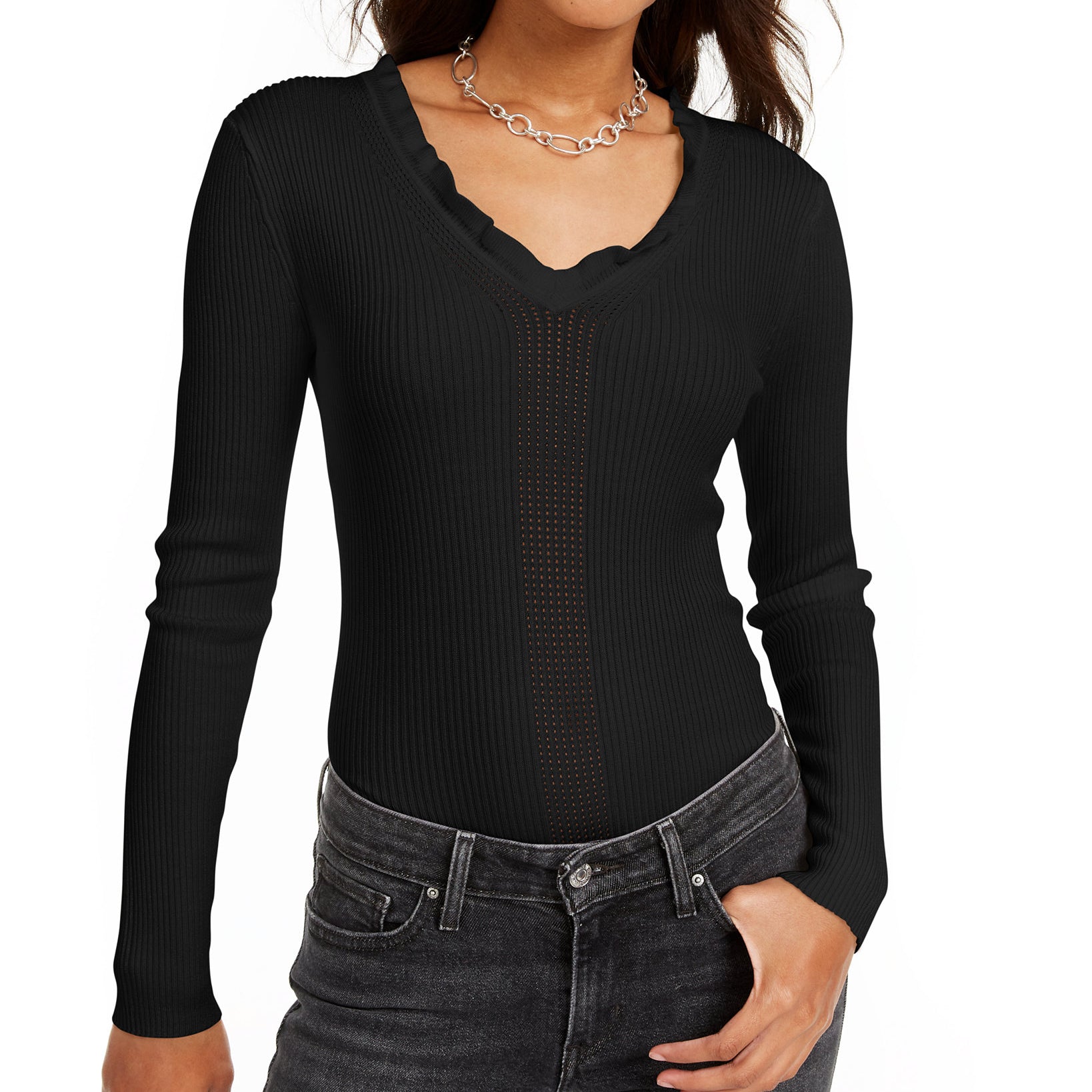Hooked Up by IOT Women Ruffled V Neck Sweater Black