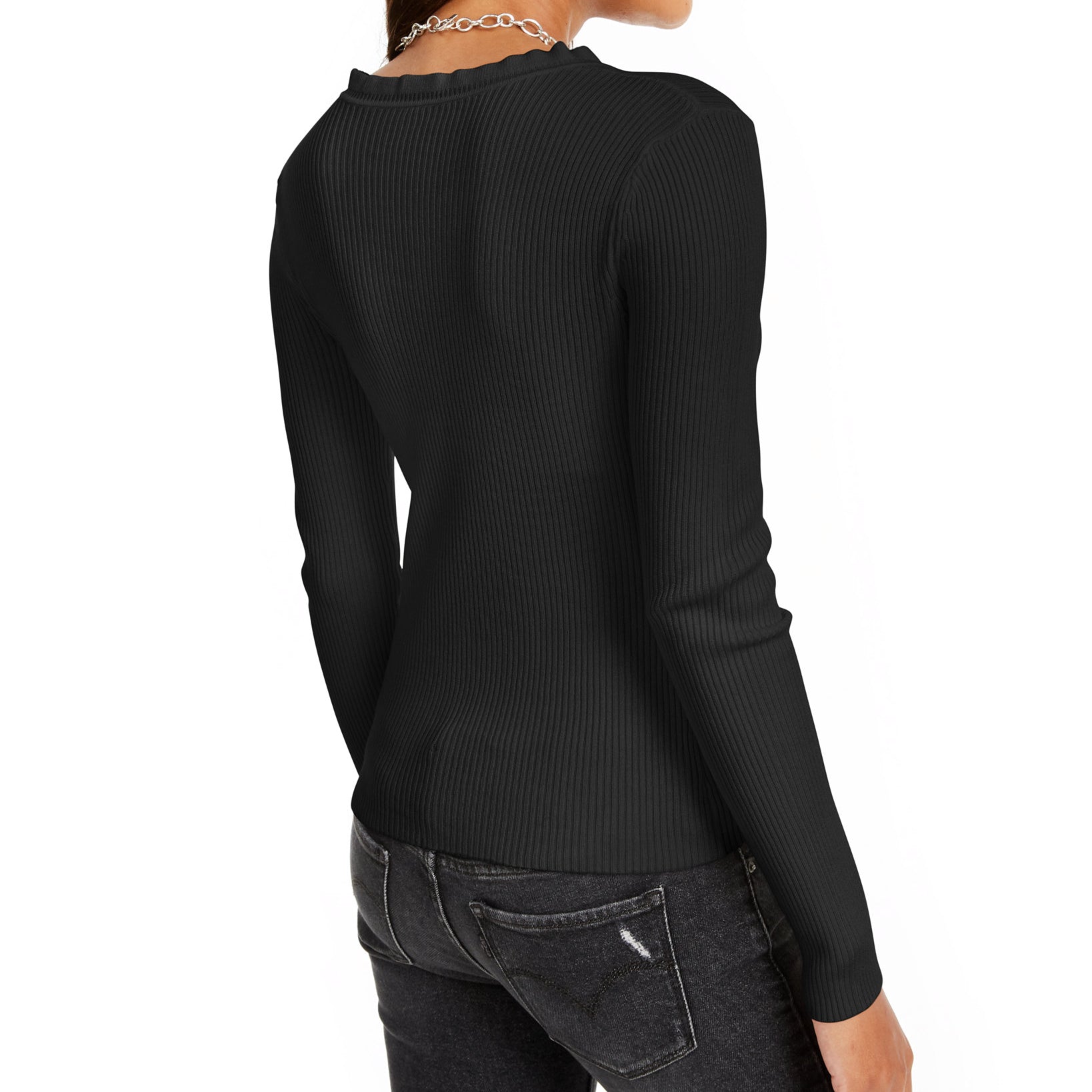 Hooked Up by IOT Women Ruffled V Neck Sweater