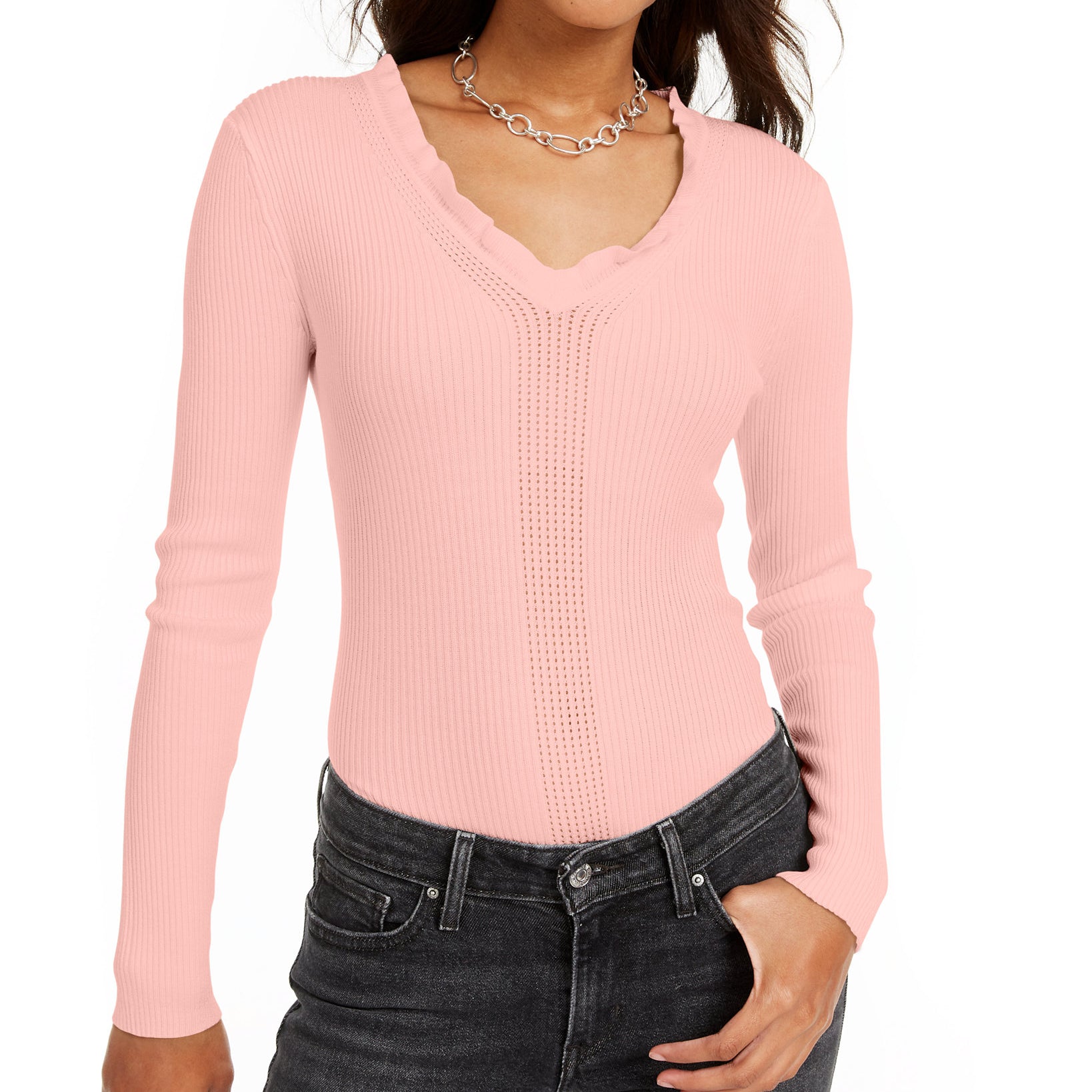 Hooked Up by IOT Women Ruffled V Neck Sweater Pink