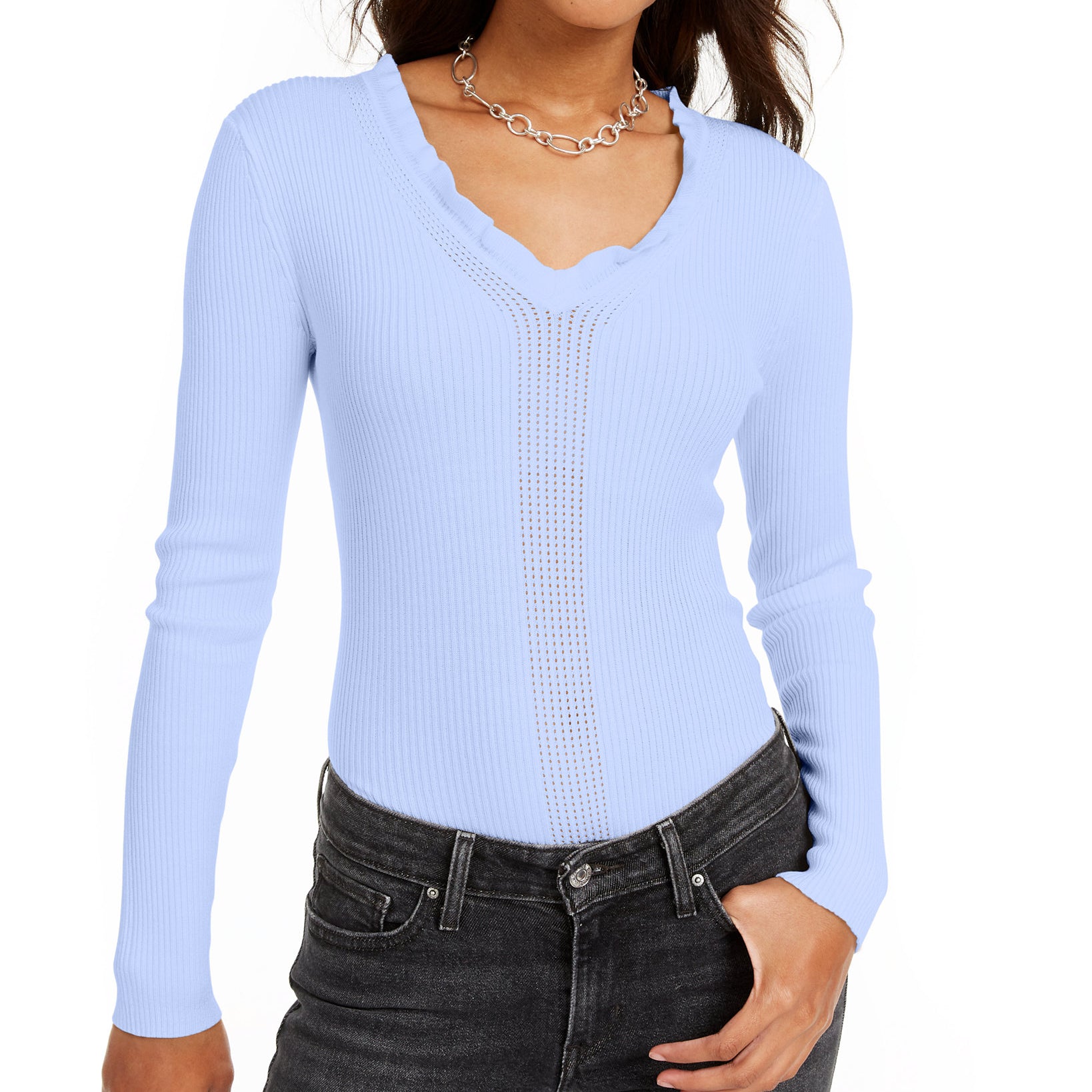 Hooked Up by IOT Women Ruffled V Neck Sweater Another Blue
