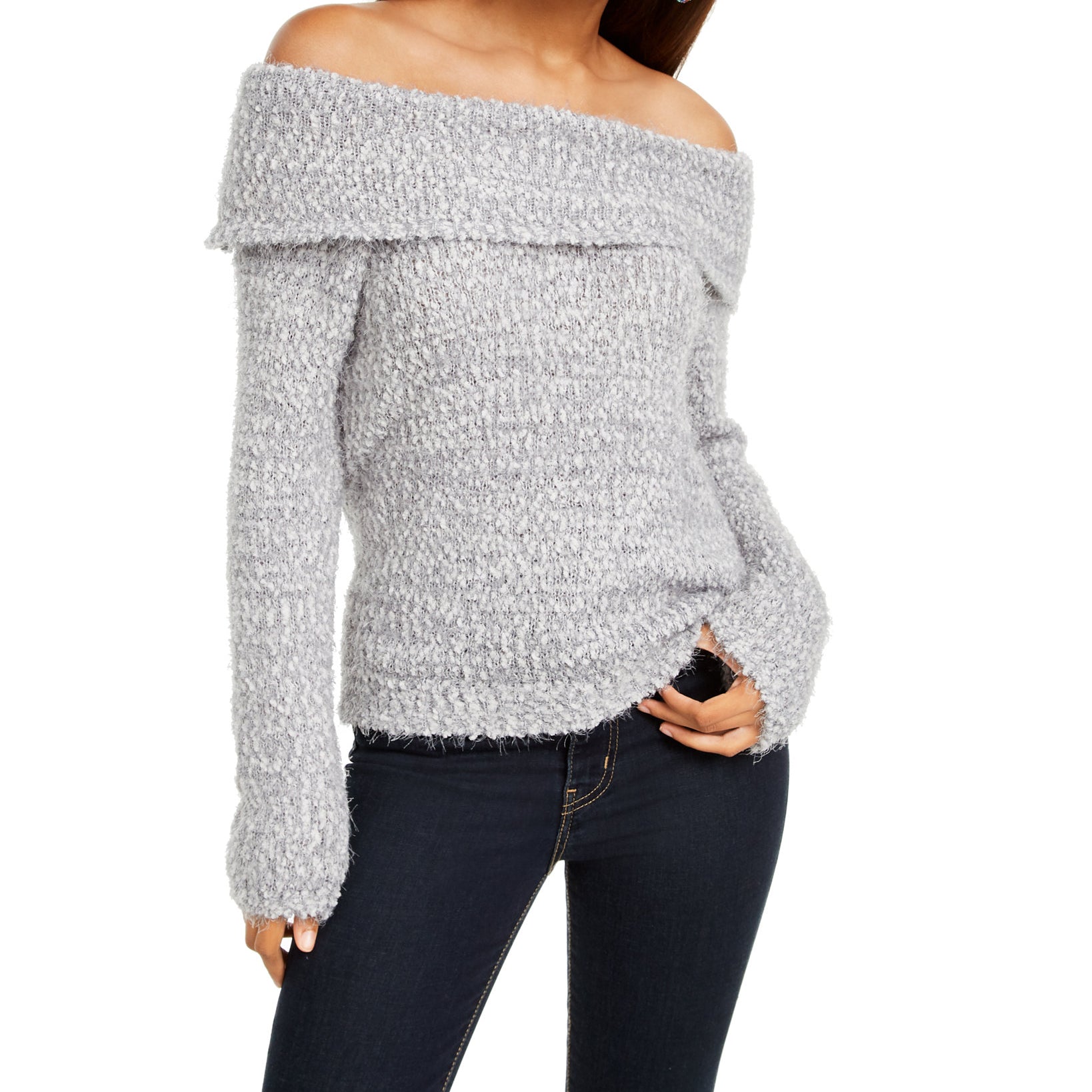 Freshman Women Off The Shoulder Fuzzy Sweater Grey Violet