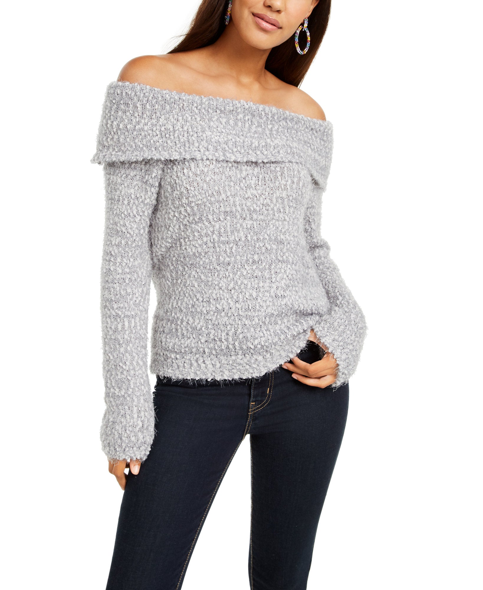 Freshman Women Off The Shoulder Fuzzy Sweater Grey Violet