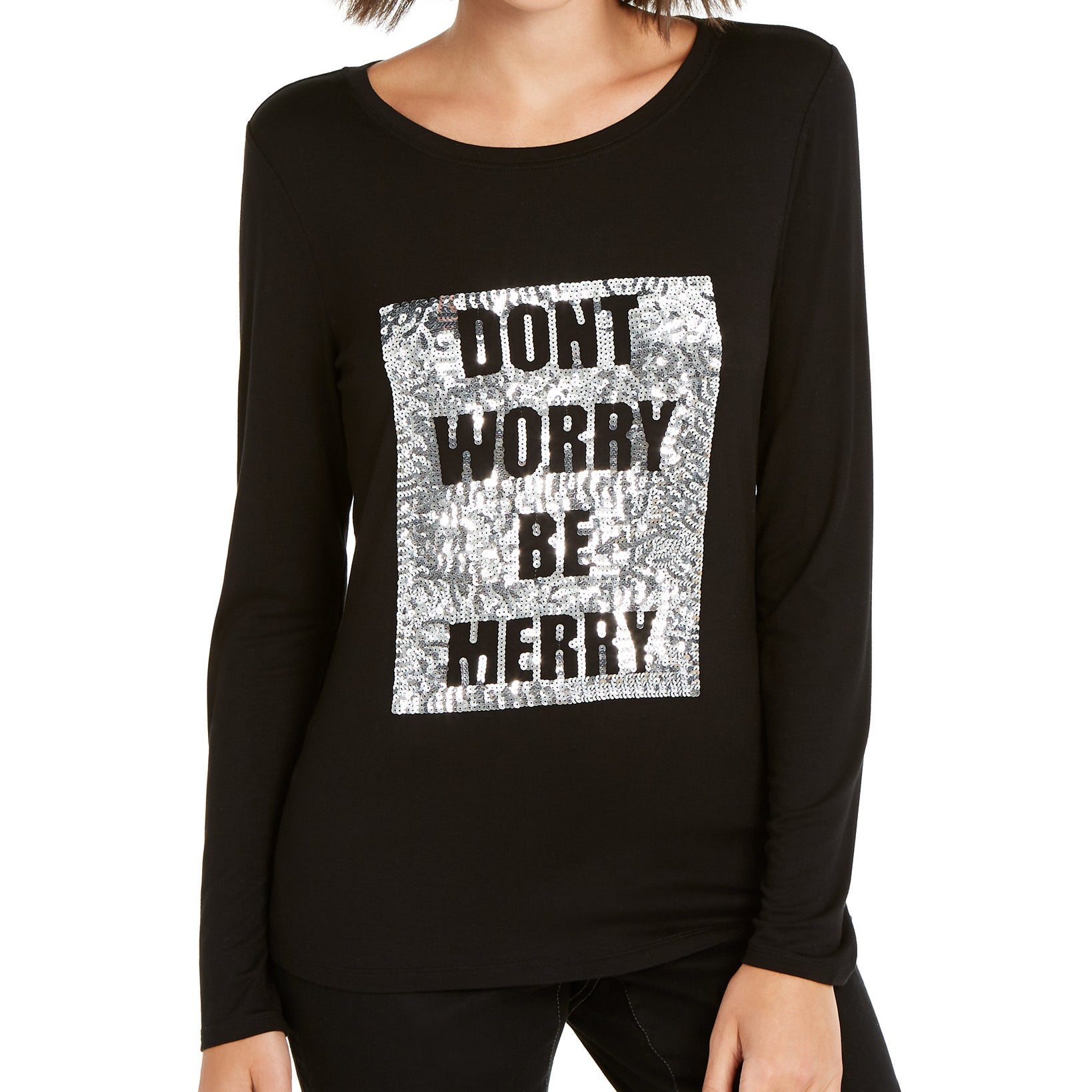 INC International Concepts Women Sequined Be Merry Top Deep Black
