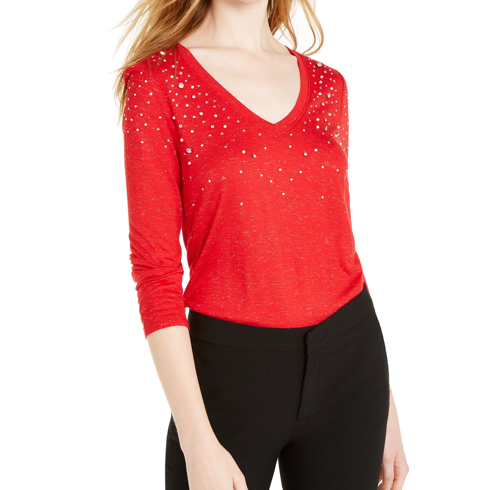 INC International Concepts Women Embellished Shine V Neck Top Real Red