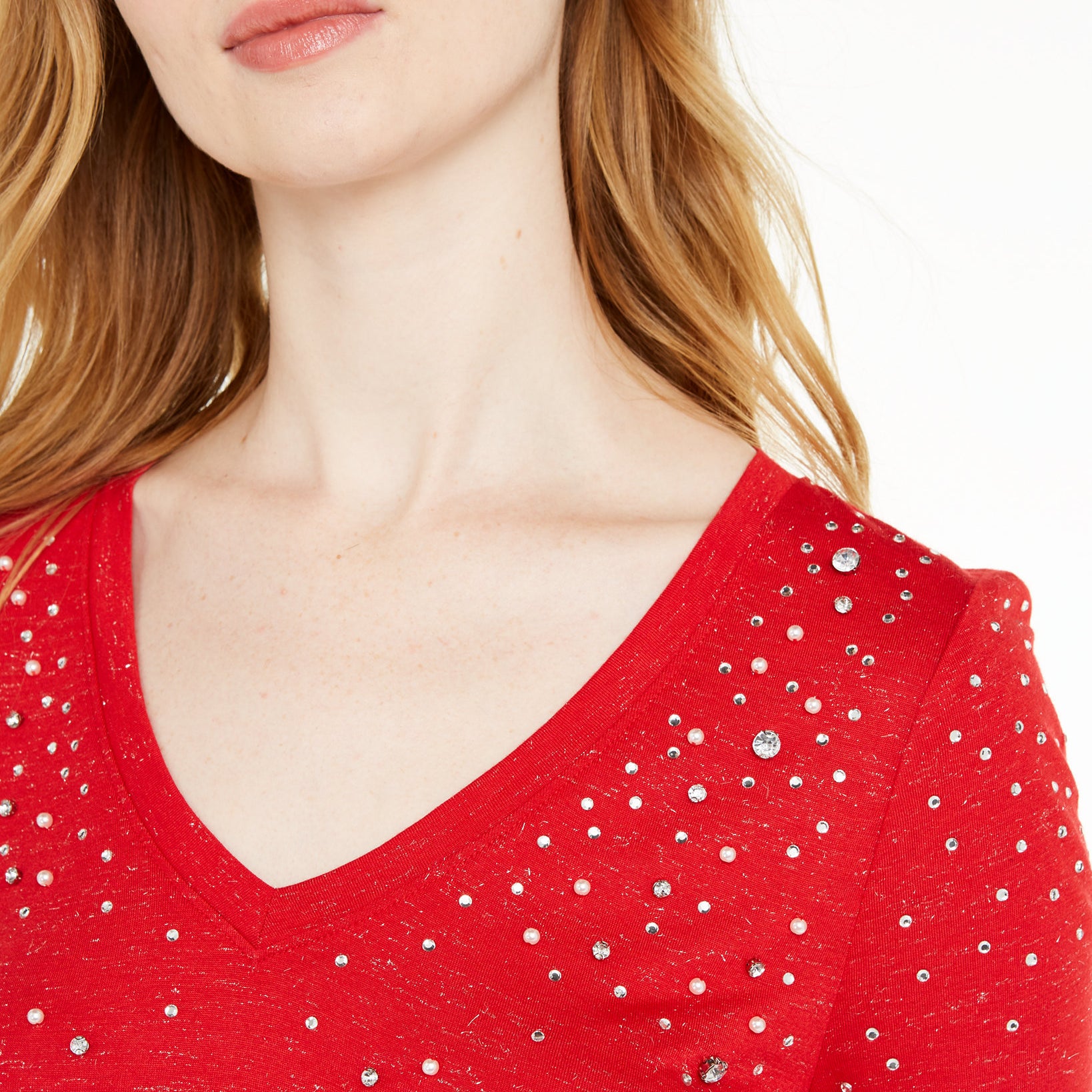 INC International Concepts Women Embellished Shine V Neck Top