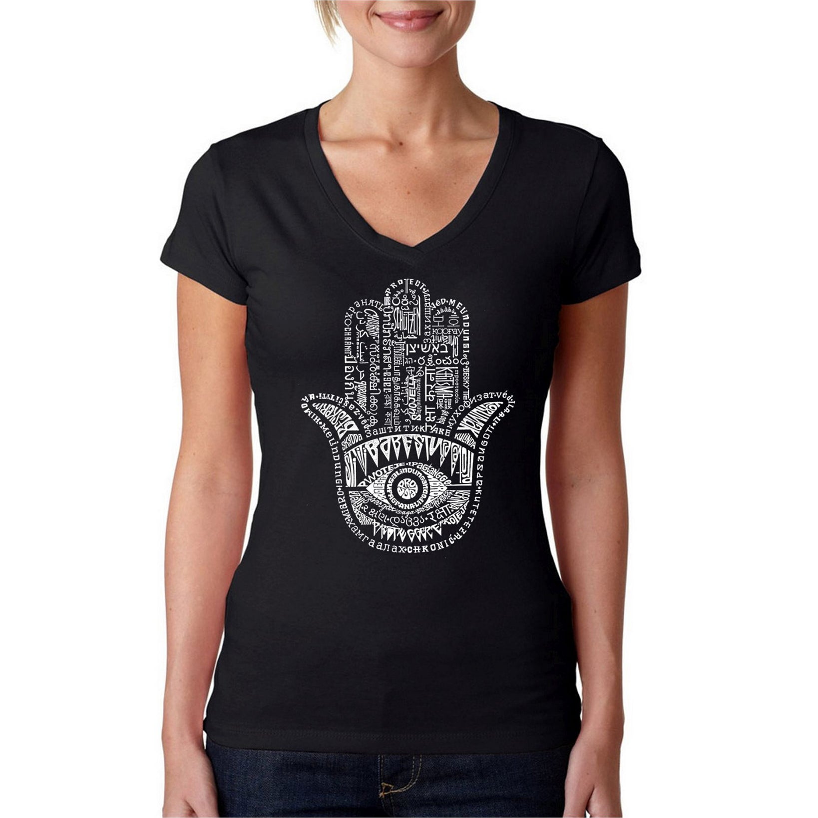 LA Pop Art Women Word Art V Neck T Shirt Hamsa Black