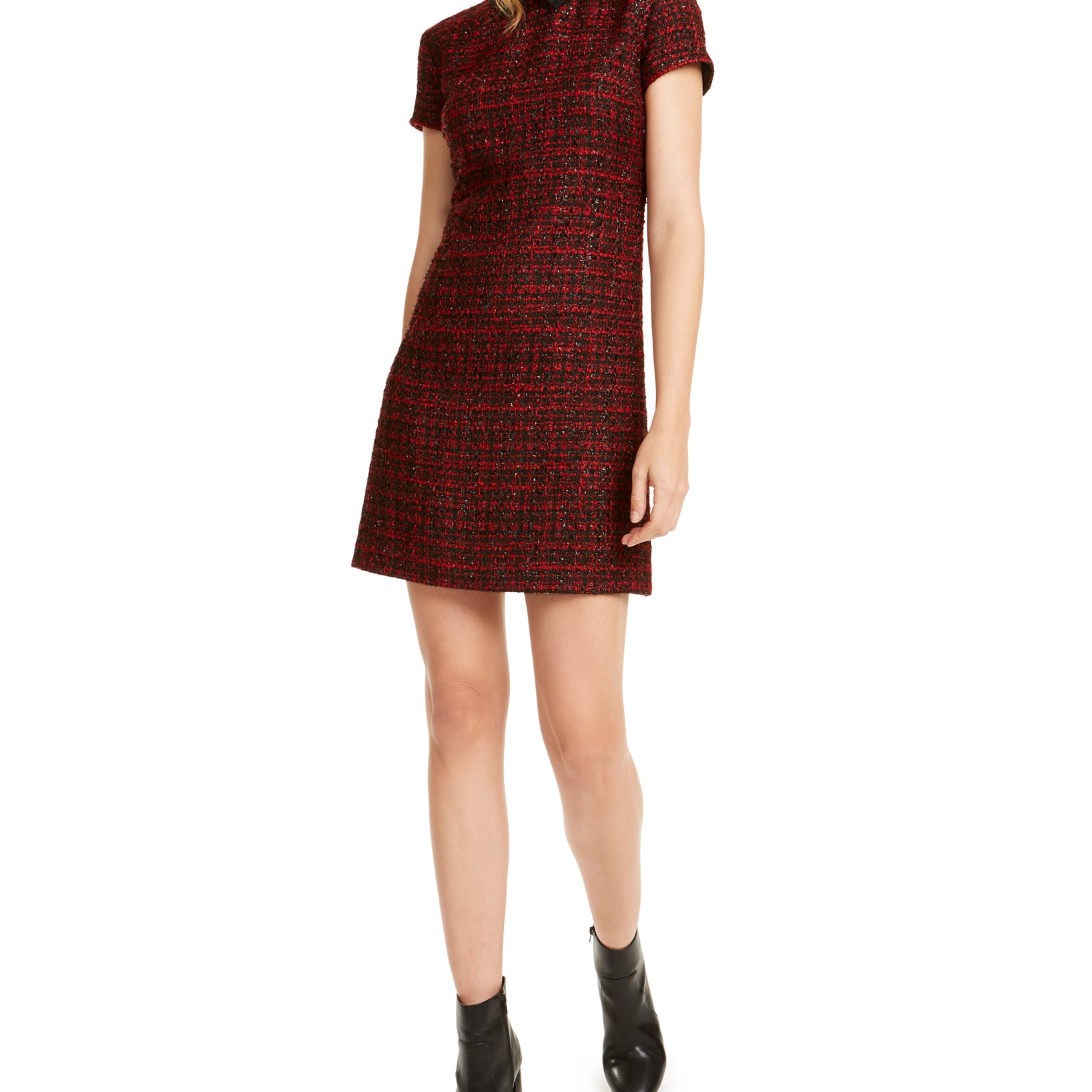 Maison Jules Women Collared Tweed Shift Dress Red Tweed