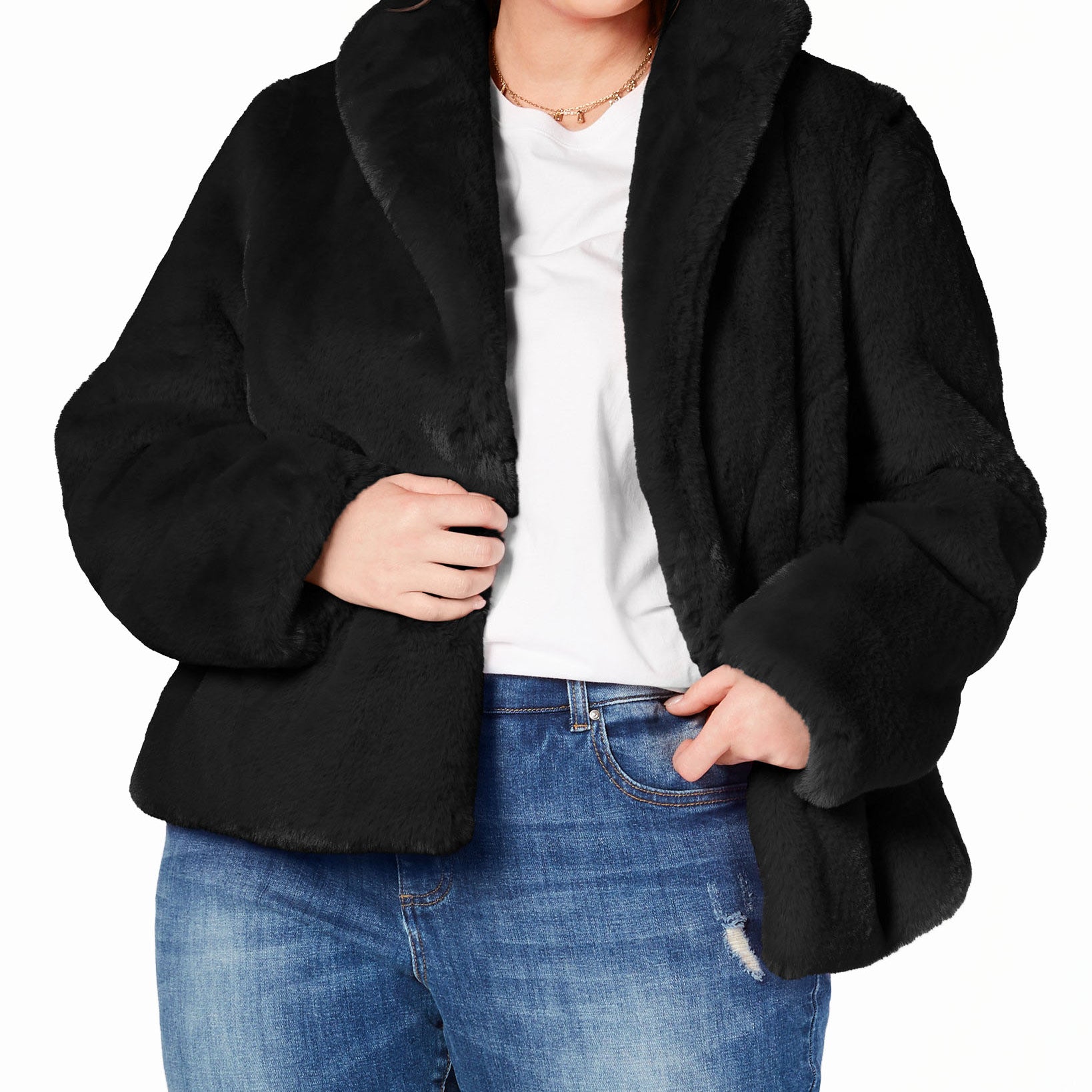 INC International Concepts Women Plus Faux Fur Teddy Coat Deep Black