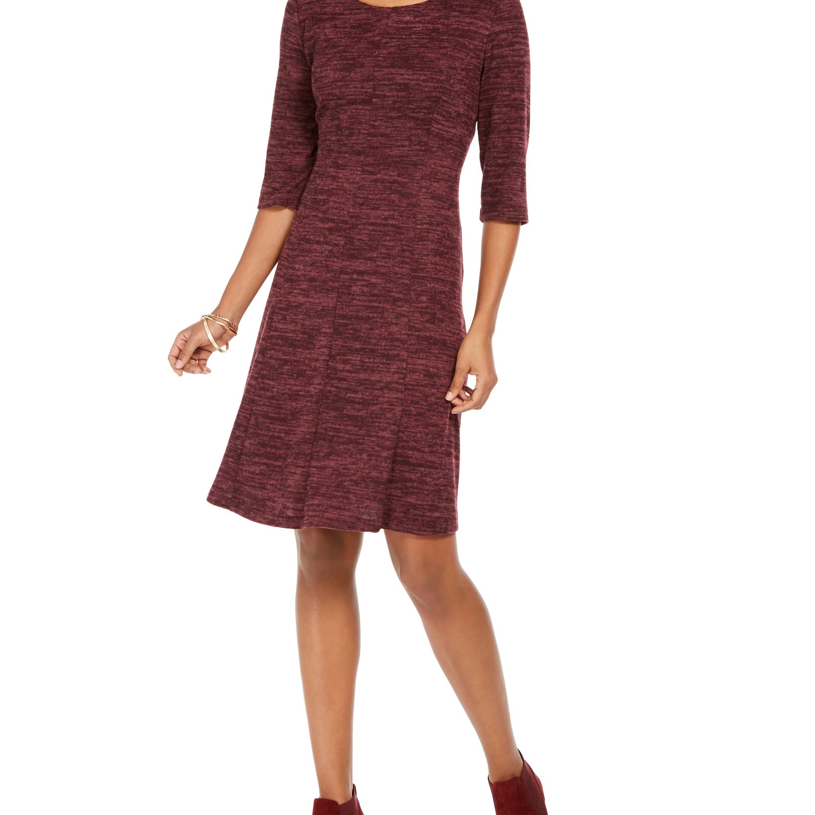 Connected Women Round Neck A Line Dress Burgundy