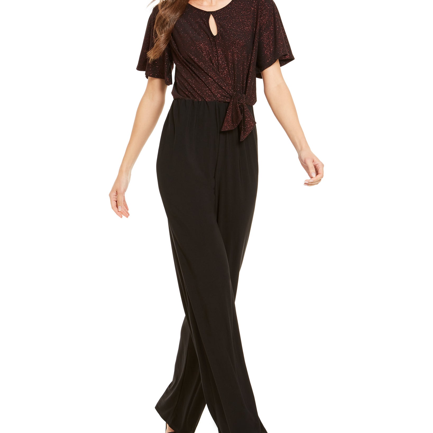 NY Collection Women Petite Metallic Tie Front Jumpsuit Red Stardust