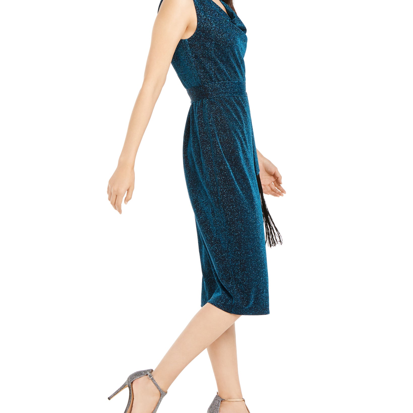 INC International Concepts Women Belted Cowlneck Shimmer Dress
