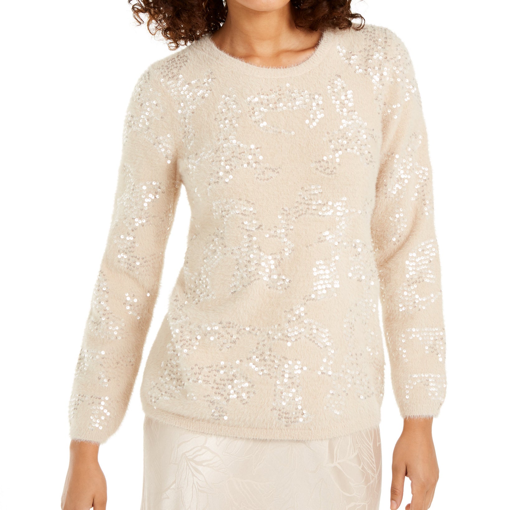 Alfani Women Embellished Eyelash Sweater Cocoa Butter