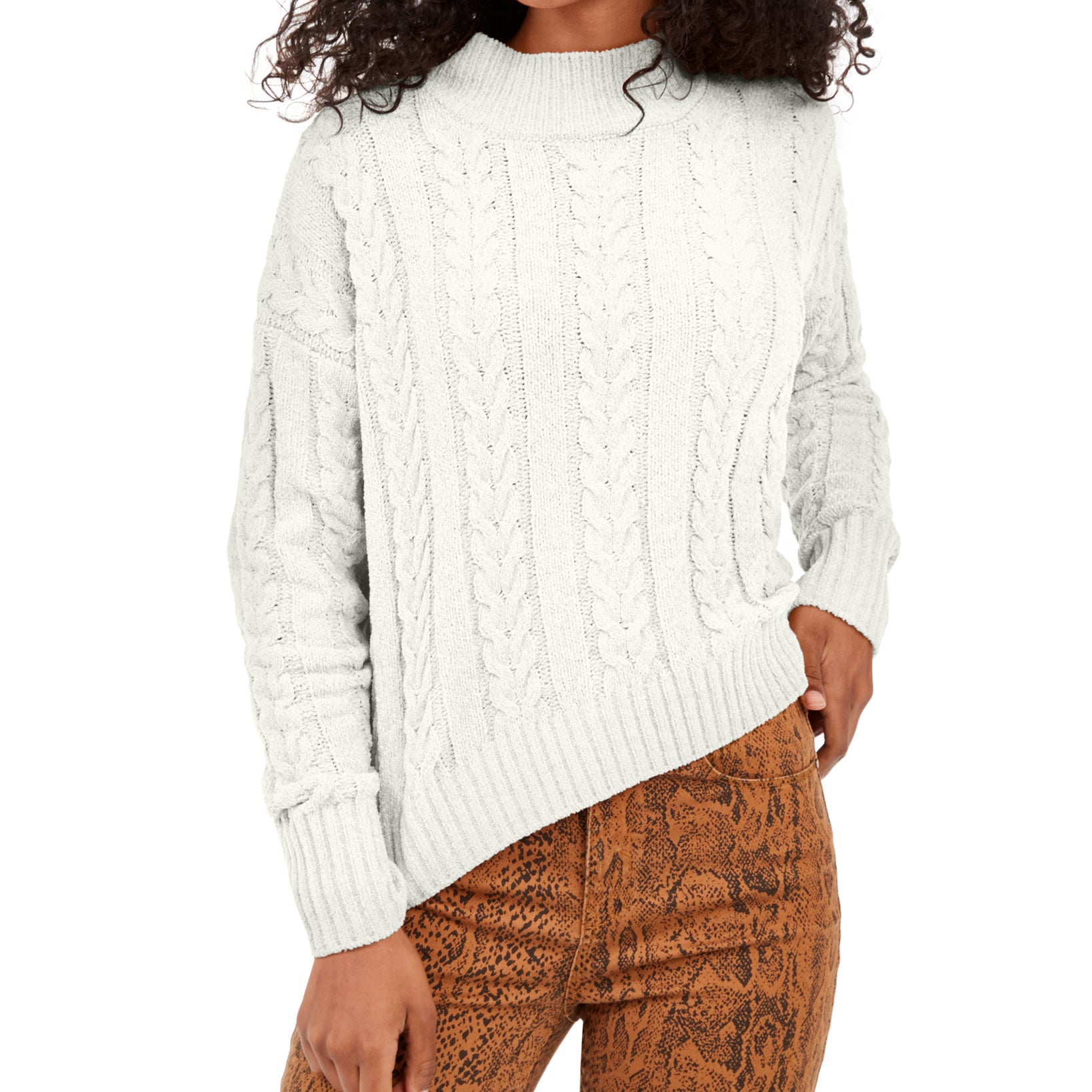 Hippie Rose Women Juniors Cable Knit Drop Shoulder Sweater Ivory