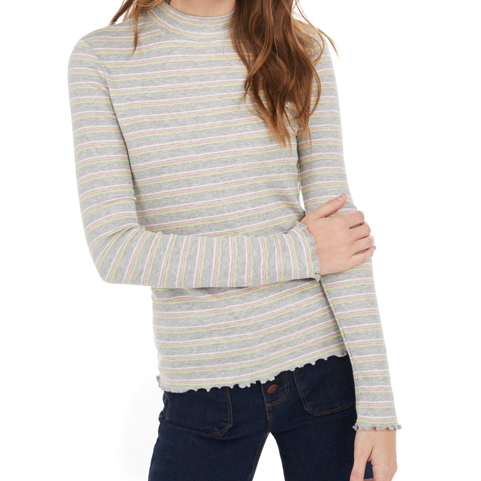 Hippie Rose Women Ribbed Mock Neck Top Grey Stripe
