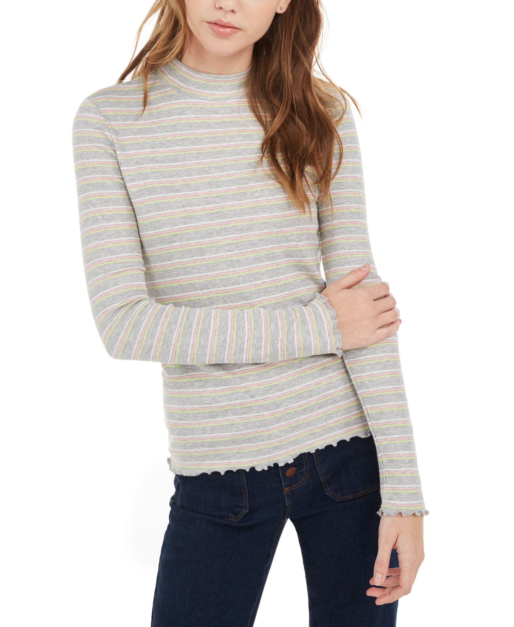 Hippie Rose Women Ribbed Mock Neck Top Grey Stripe