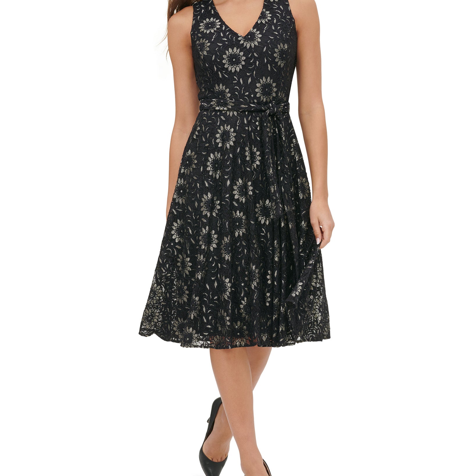 Tommy Hilfiger Women Floral Lace Fit & Flare Dress Black Gold