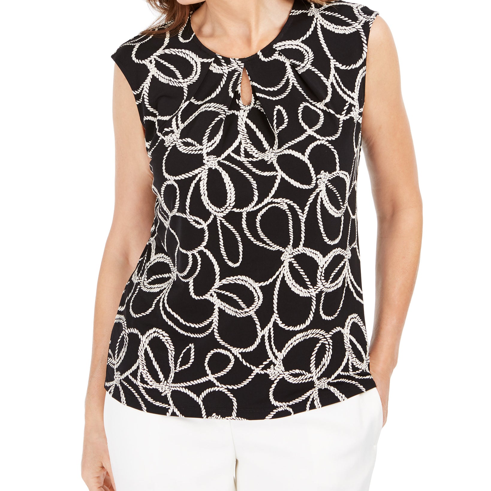 Kasper Women Petite Rope Print Keyhole Blouse Black Multi