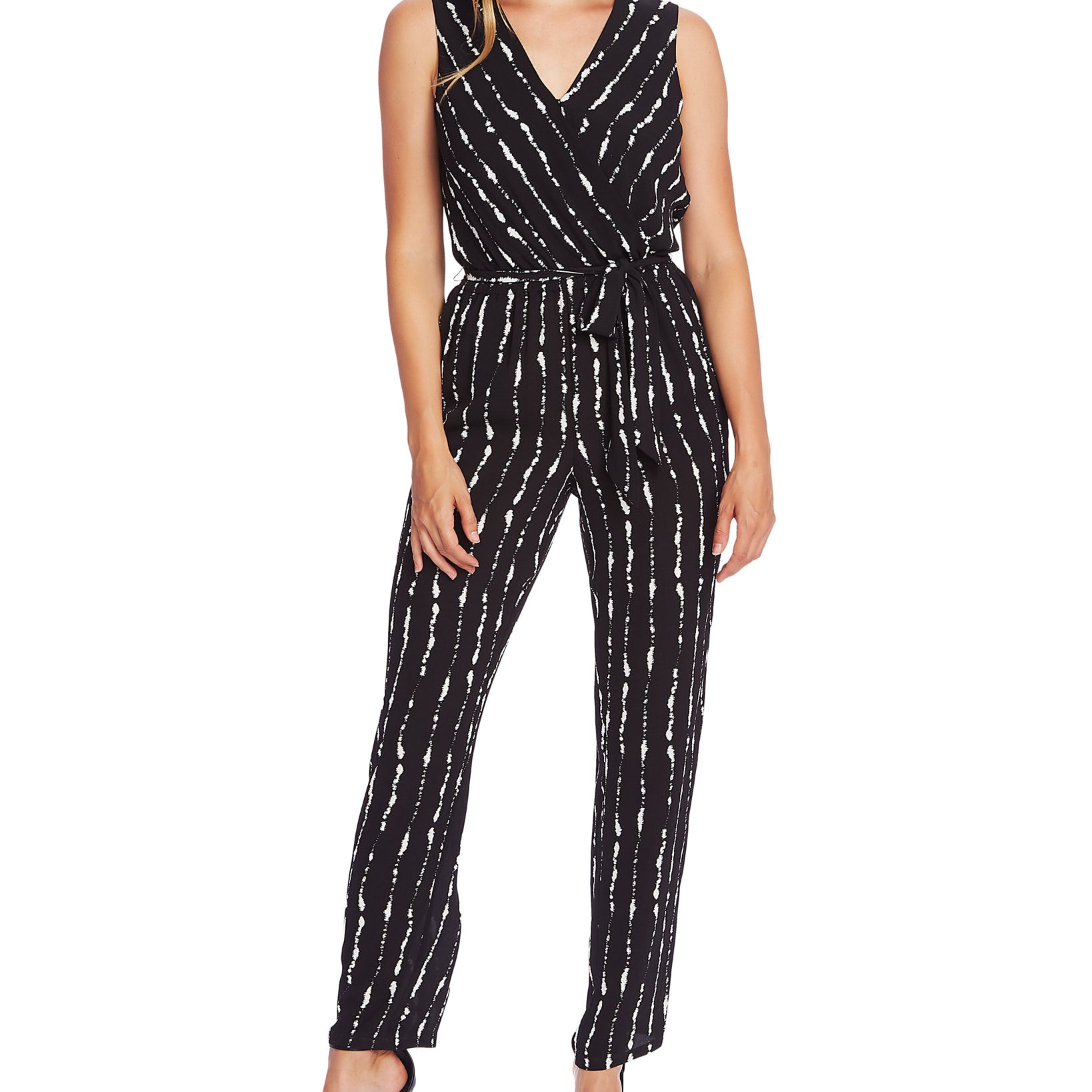 Vince Camuto Women Sleeveless Printed Belted Jumpsuit Rich Black