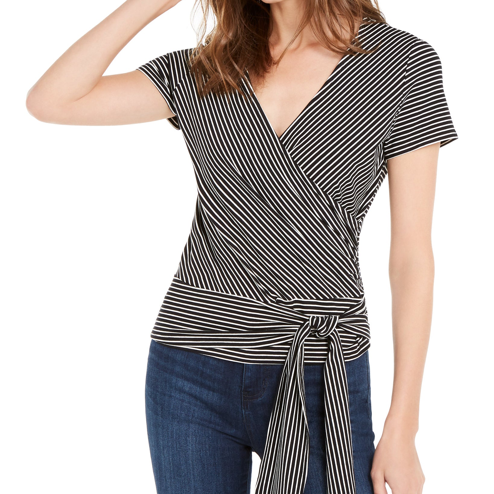 Vince Camuto Women Striped Tie Front Top Rich Black
