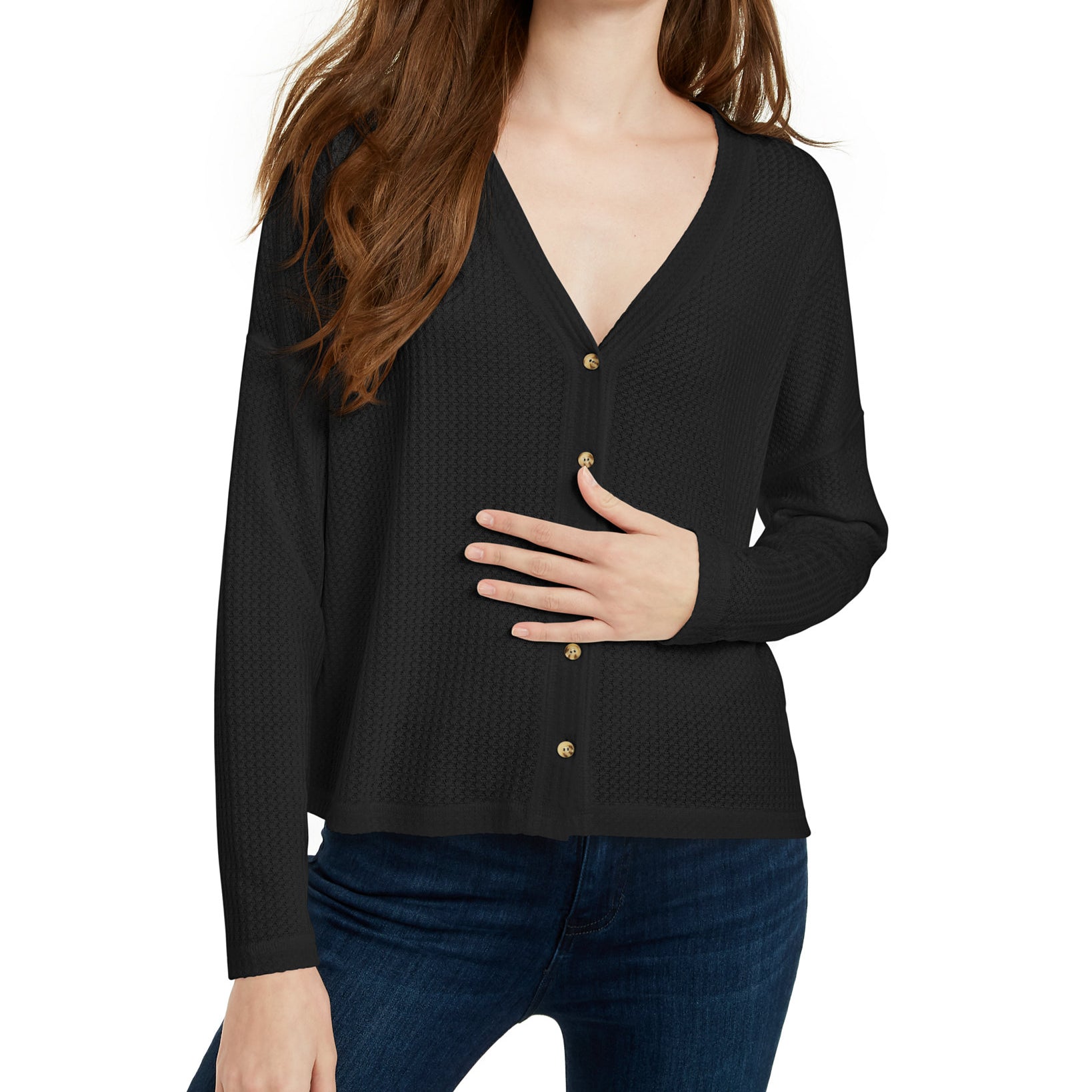 Hippie Rose Women Oversized Waffle Knit Cardigan Black