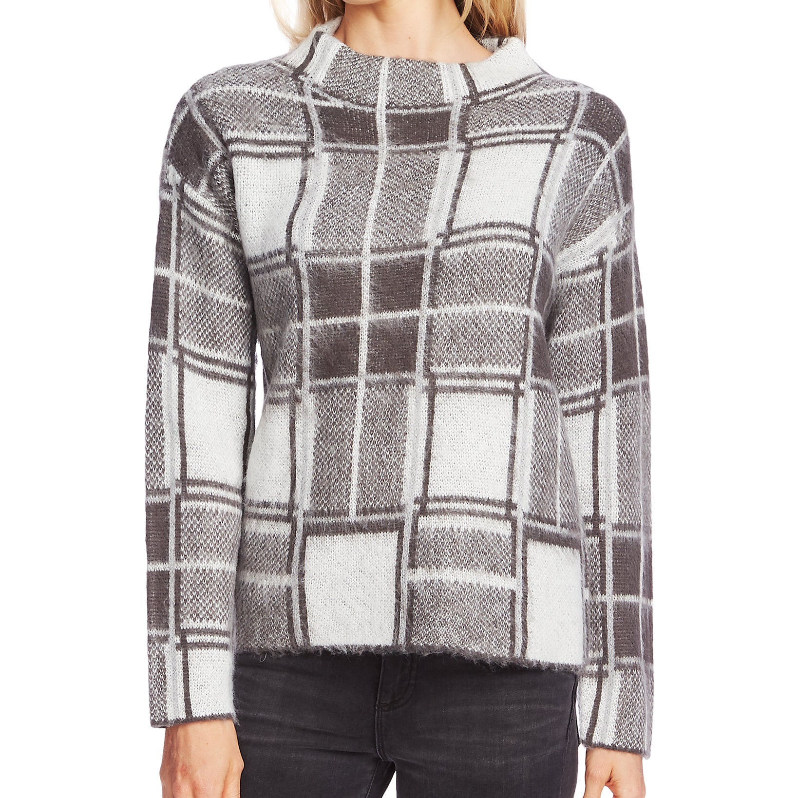 Vince Camuto Women Plaid Mock Neck Sweater Medium Heather Grey