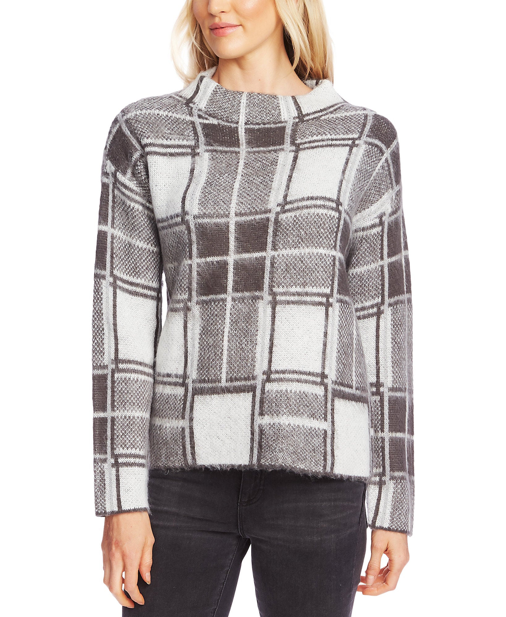Vince Camuto Women Plaid Mock Neck Sweater Medium Heather Grey