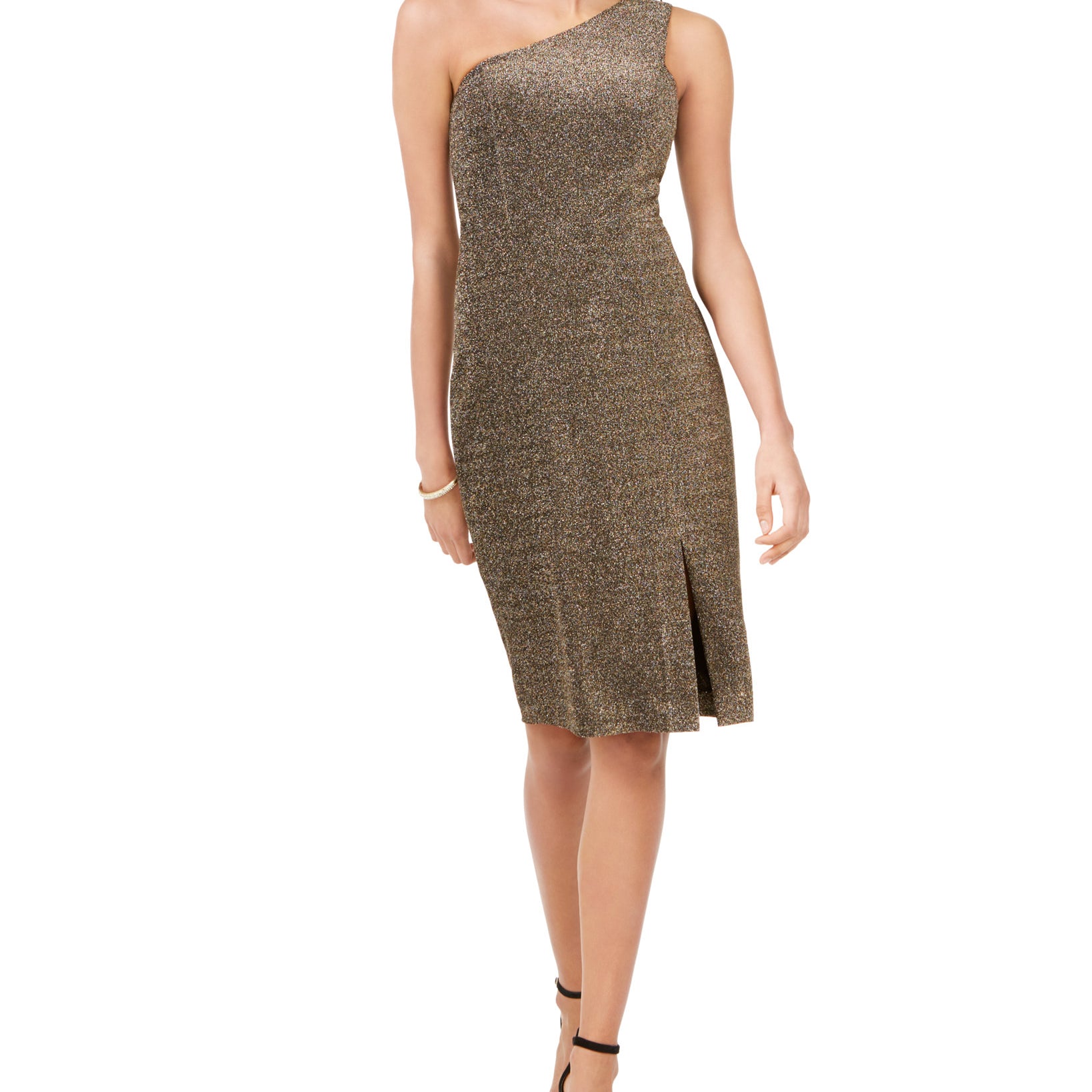 Vince Camuto Women One Shoulder Glitter Knit Dress Gold
